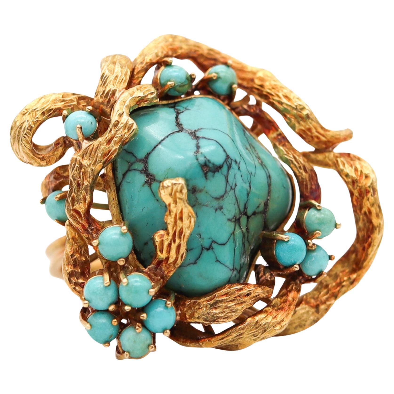 Retro Modern 1960  Italian Free Form Cocktail Ring In 18Kt Gold With Turquoises For Sale