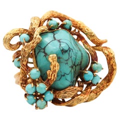 Retro Modern 1960  Italian Free Form Cocktail Ring In 18Kt Gold With Turquoises