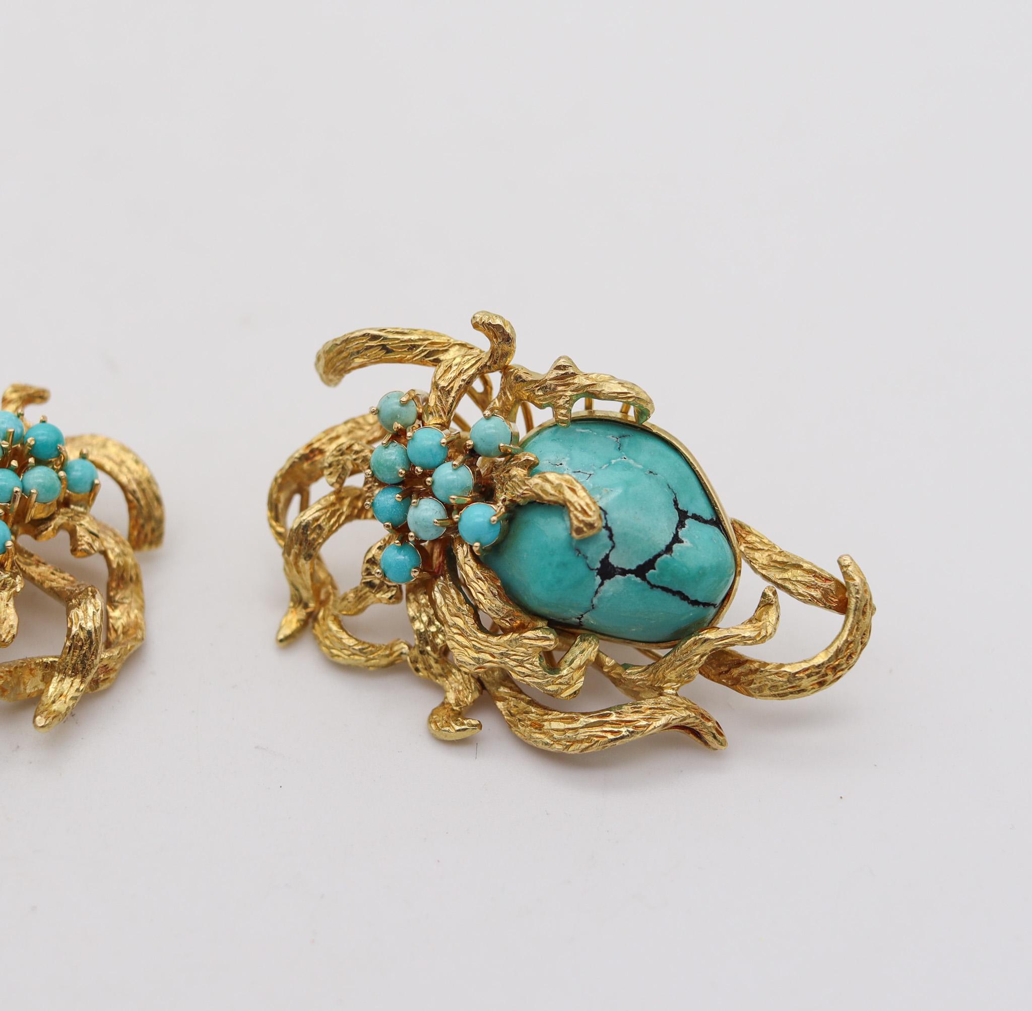 Cabochon Retro Modern 1960  Italian Free Form Earrings In 18Kt Yellow Gold With Turquoise For Sale