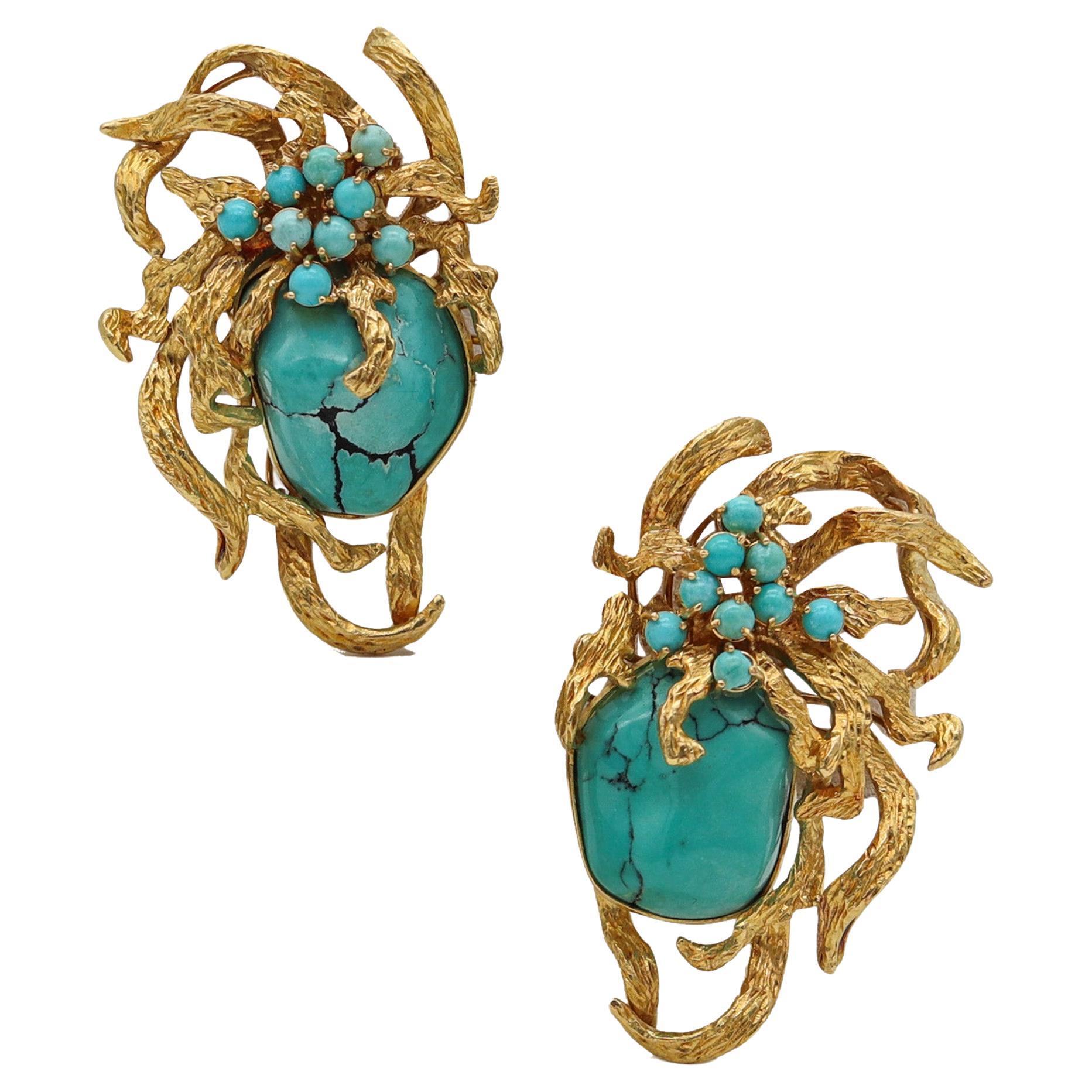 Retro Modern 1960  Italian Free Form Earrings In 18Kt Yellow Gold With Turquoise For Sale