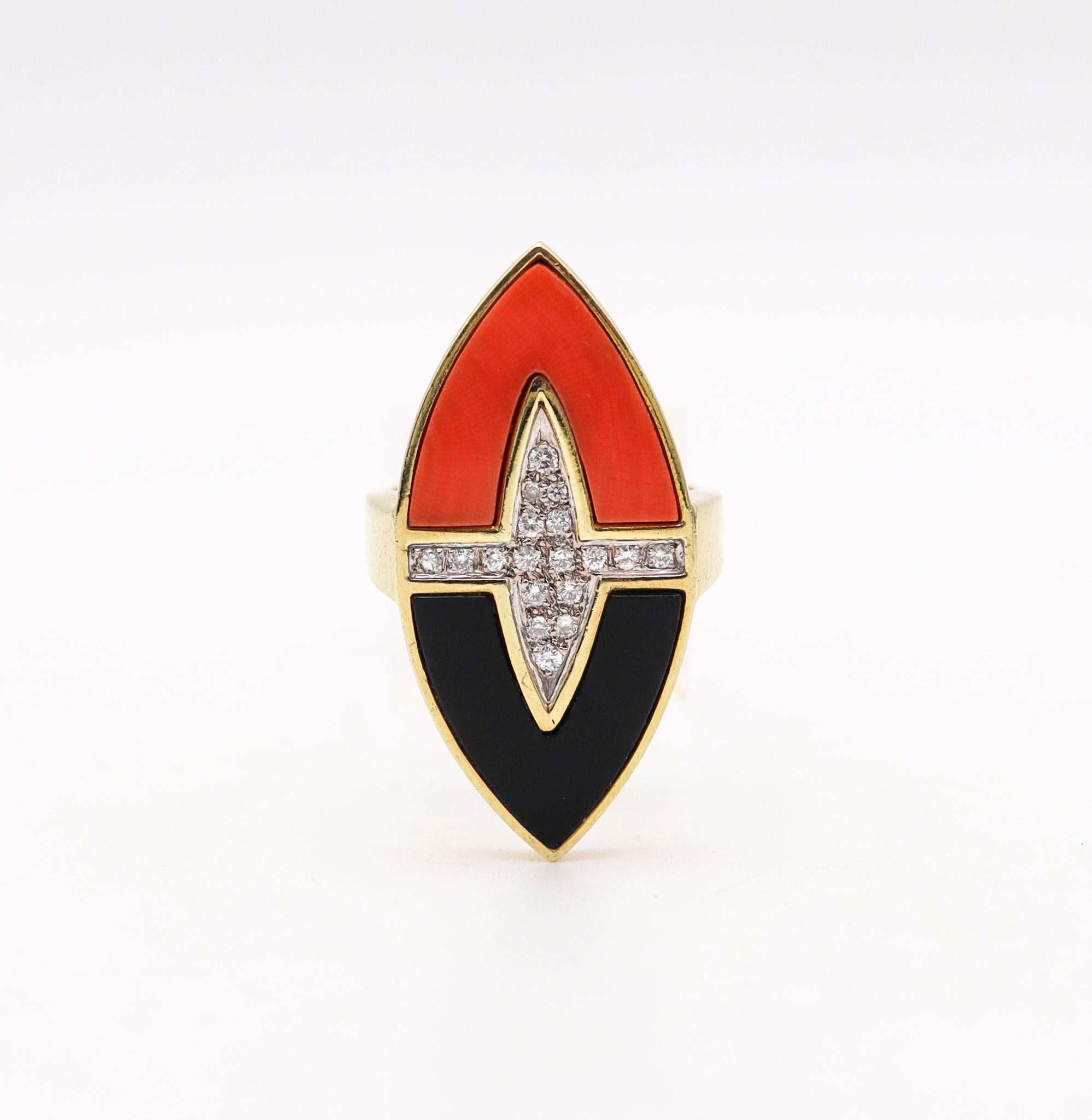 Brilliant Cut Retro Modern 1970 Sculptural Geometric Ring in 18kt Gold Diamonds Coral and Onyx For Sale