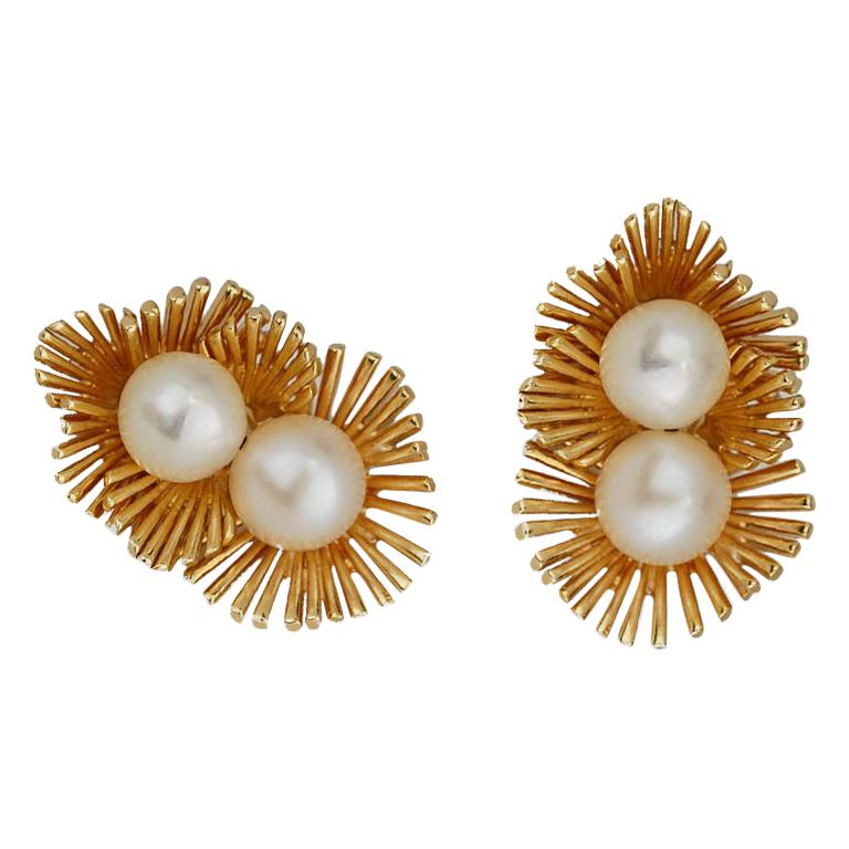 Retro, Modern Yellow Gold, Clip Pearl Earrings For Sale