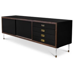 Retro Modern Black Lacquered Credenza with Walnut Trim, Brass Pulls