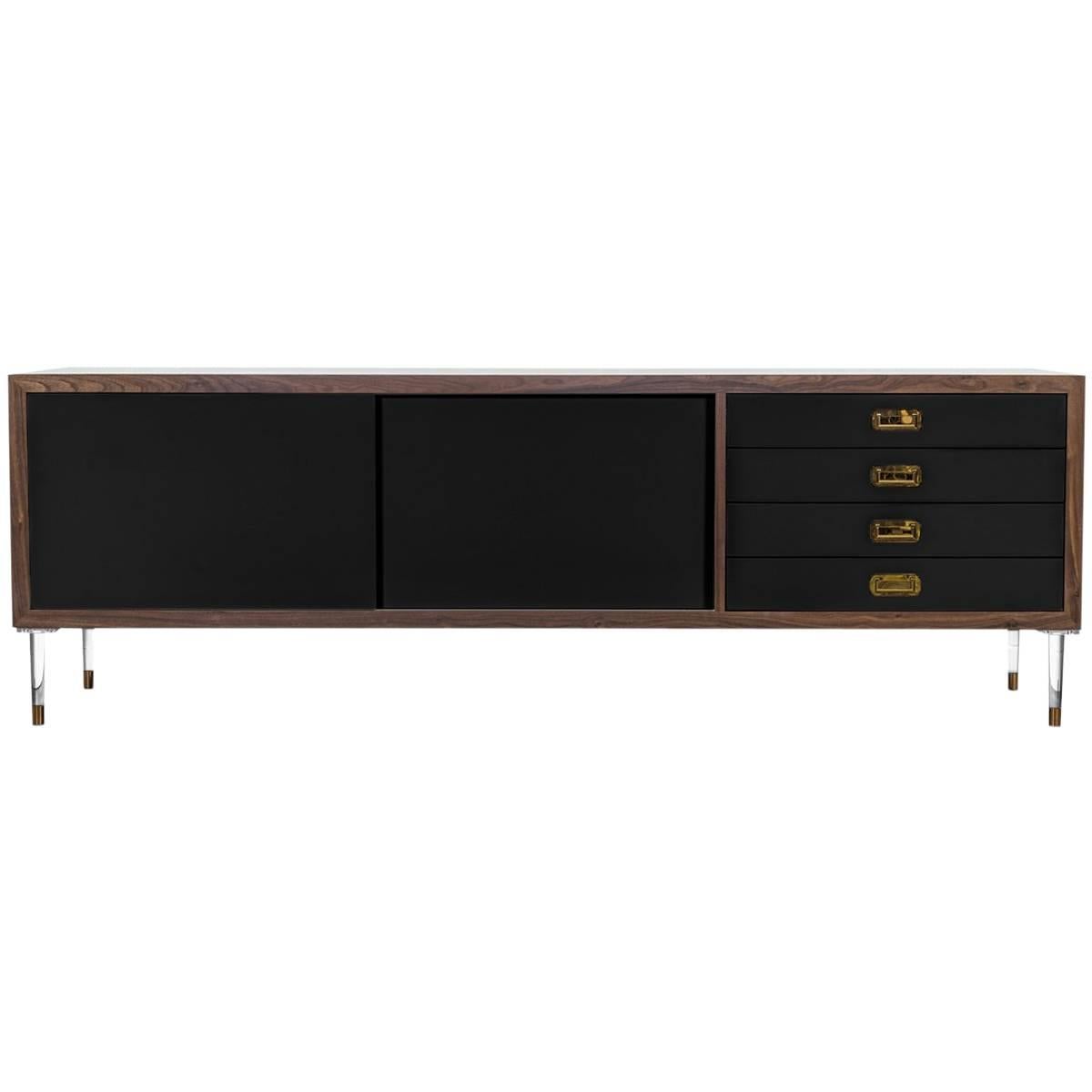 Retro Modern Black Lacquered Credenza with Walnut Trim, Brass Pulls For Sale