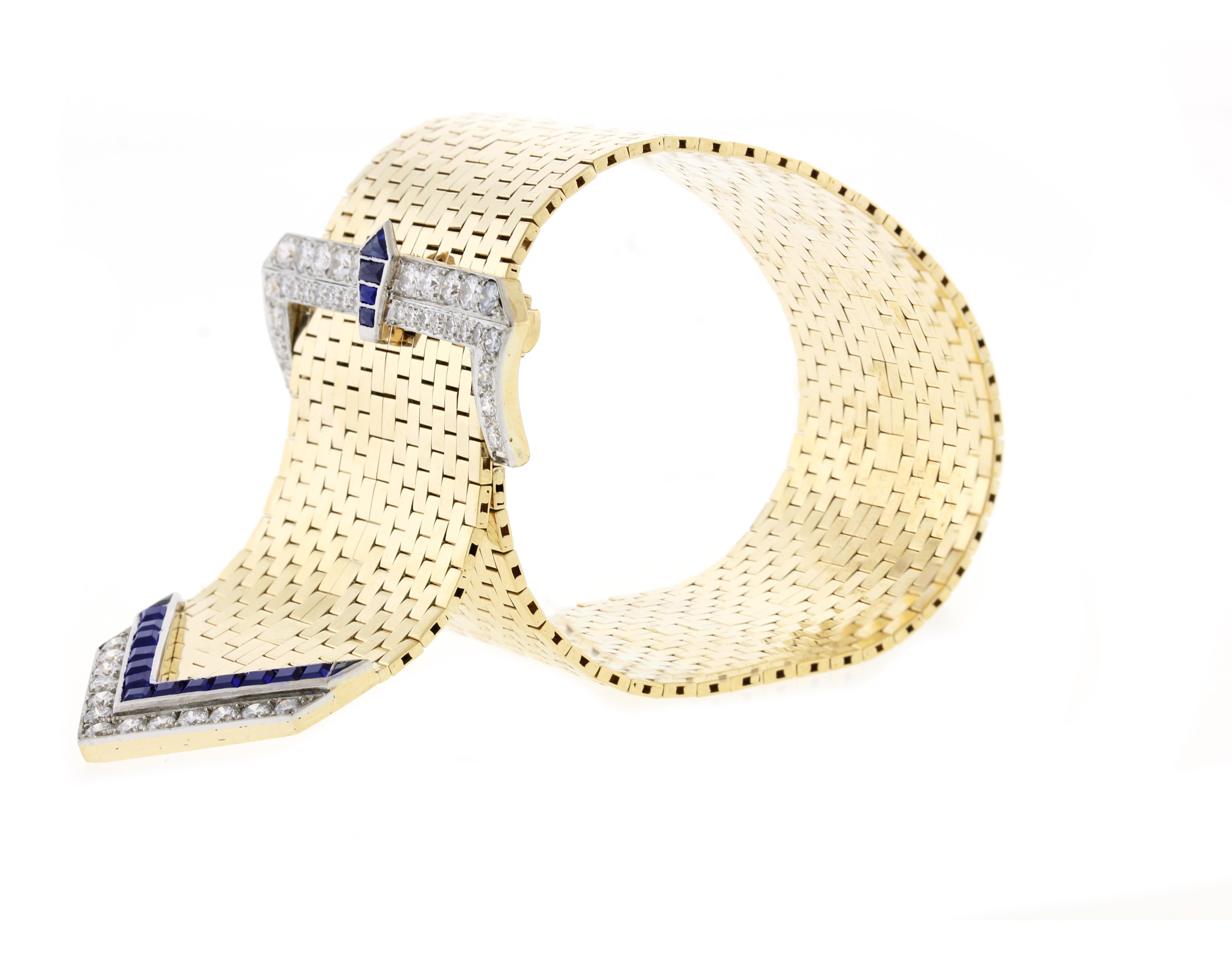 Round Cut Retro-Modern Brick Link Sapphire and Diamond Buckle Bracelet