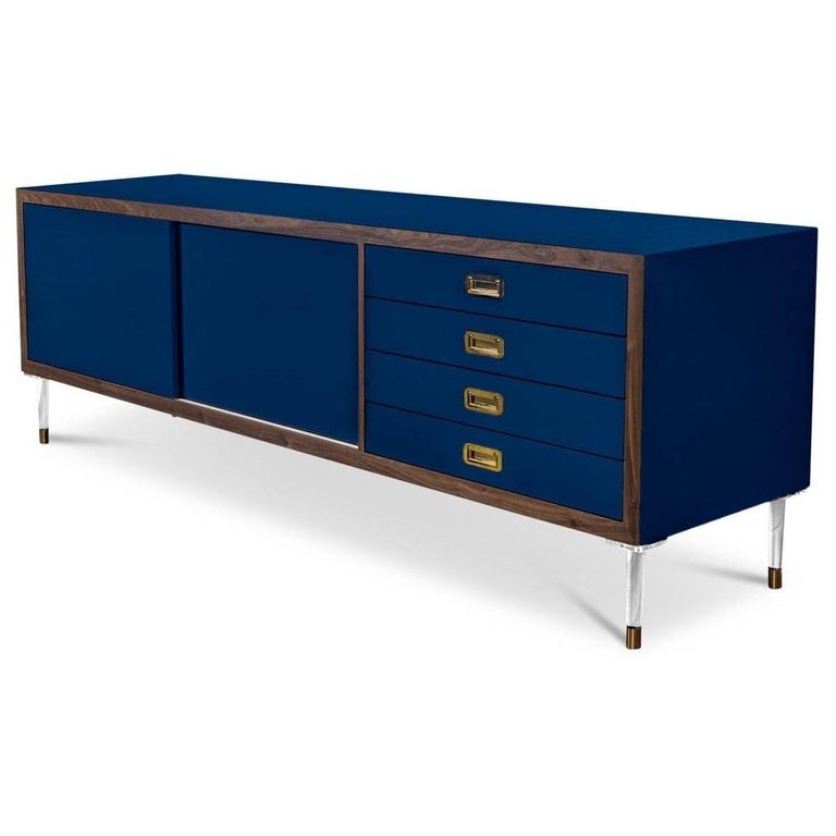 Retro Modern Navy Lacquered Credenza with Walnut Trim, Brass Pulls and