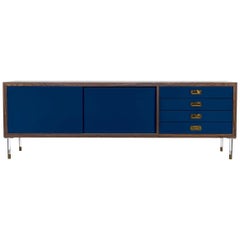 Retro Modern Navy Lacquered Credenza with Walnut Trim, Brass Pulls & Lucite Legs