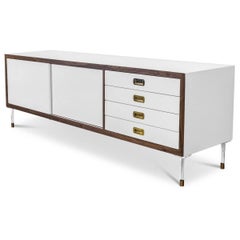 Retro Modern White Lacquered Credenza with Walnut Trim, Brass Pulls