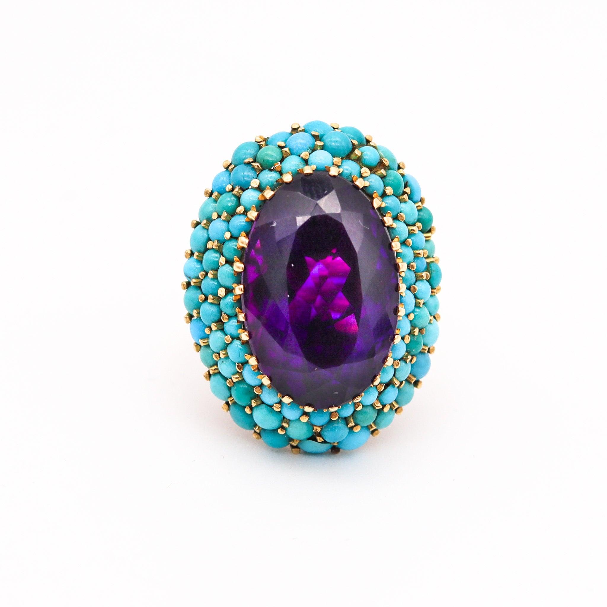RETRO-MODERNIST 1960 Cocktailring aus 18 Karat Gold mit Amethyst und Türkis, RETRO-MODERNIST (Modernistisch) im Angebot