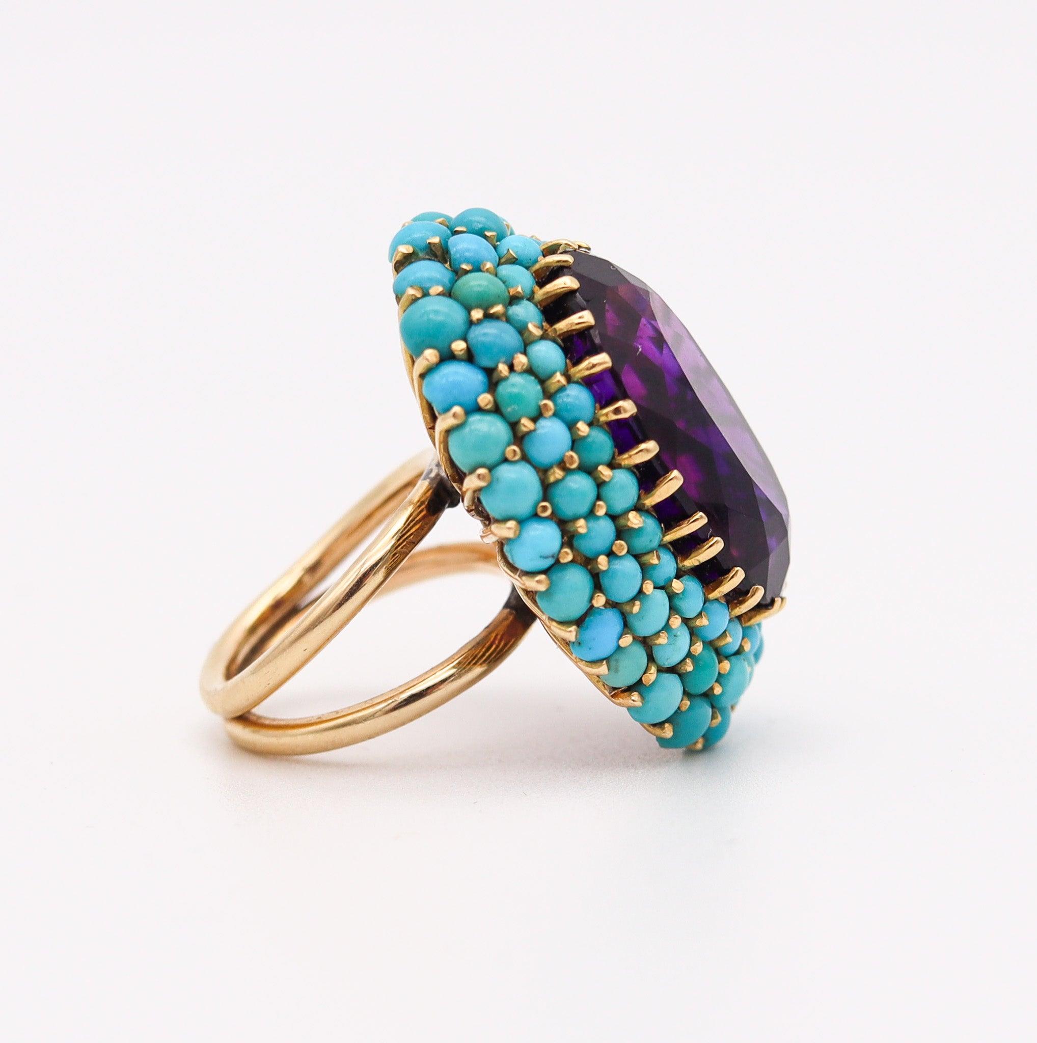 RETRO-MODERNIST 1960 Cocktailring aus 18 Karat Gold mit Amethyst und Türkis, RETRO-MODERNIST (Ovalschliff) im Angebot
