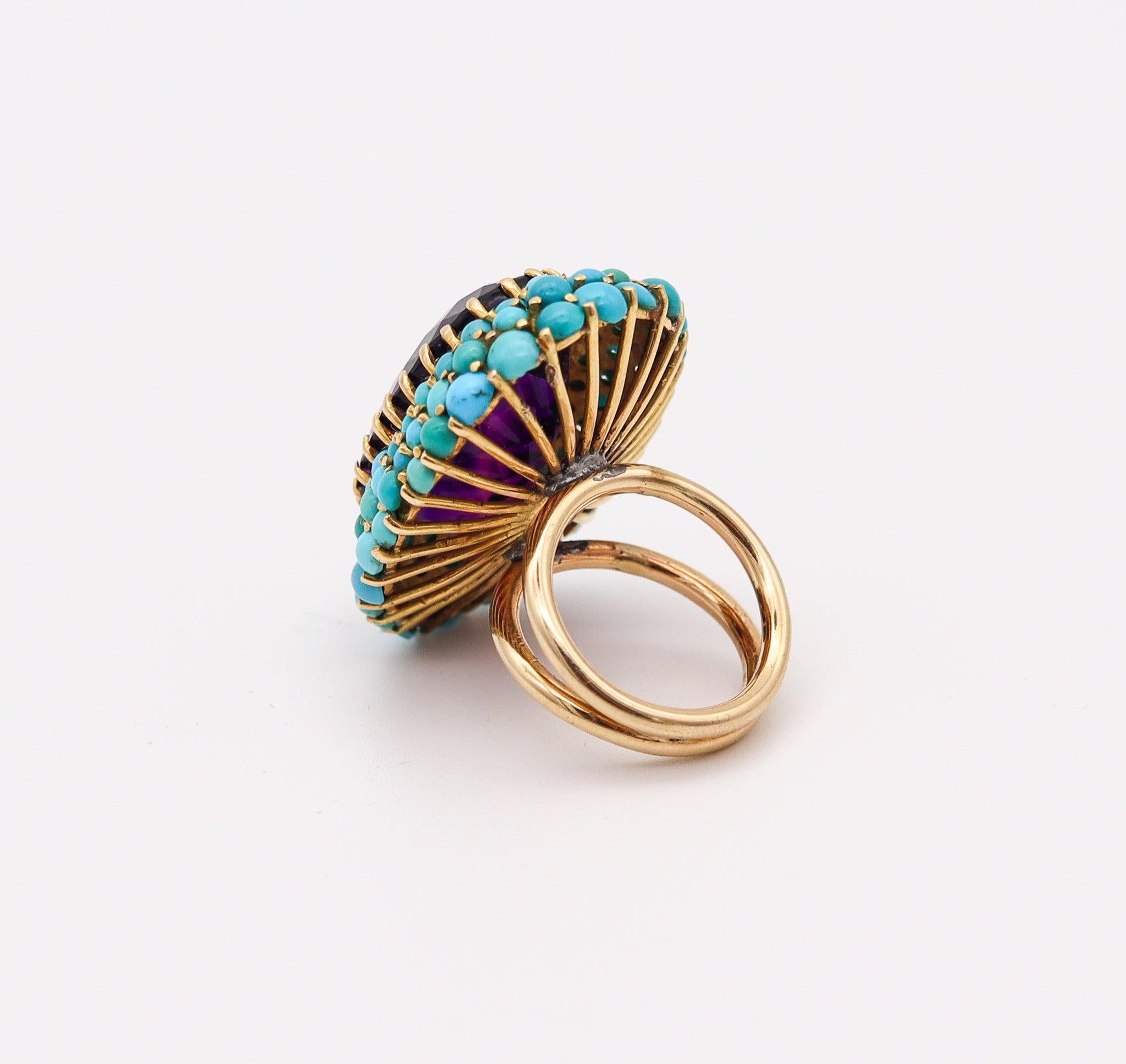 RETRO-MODERNIST 1960 Cocktailring aus 18 Karat Gold mit Amethyst und Türkis, RETRO-MODERNIST im Zustand „Hervorragend“ im Angebot in Miami, FL