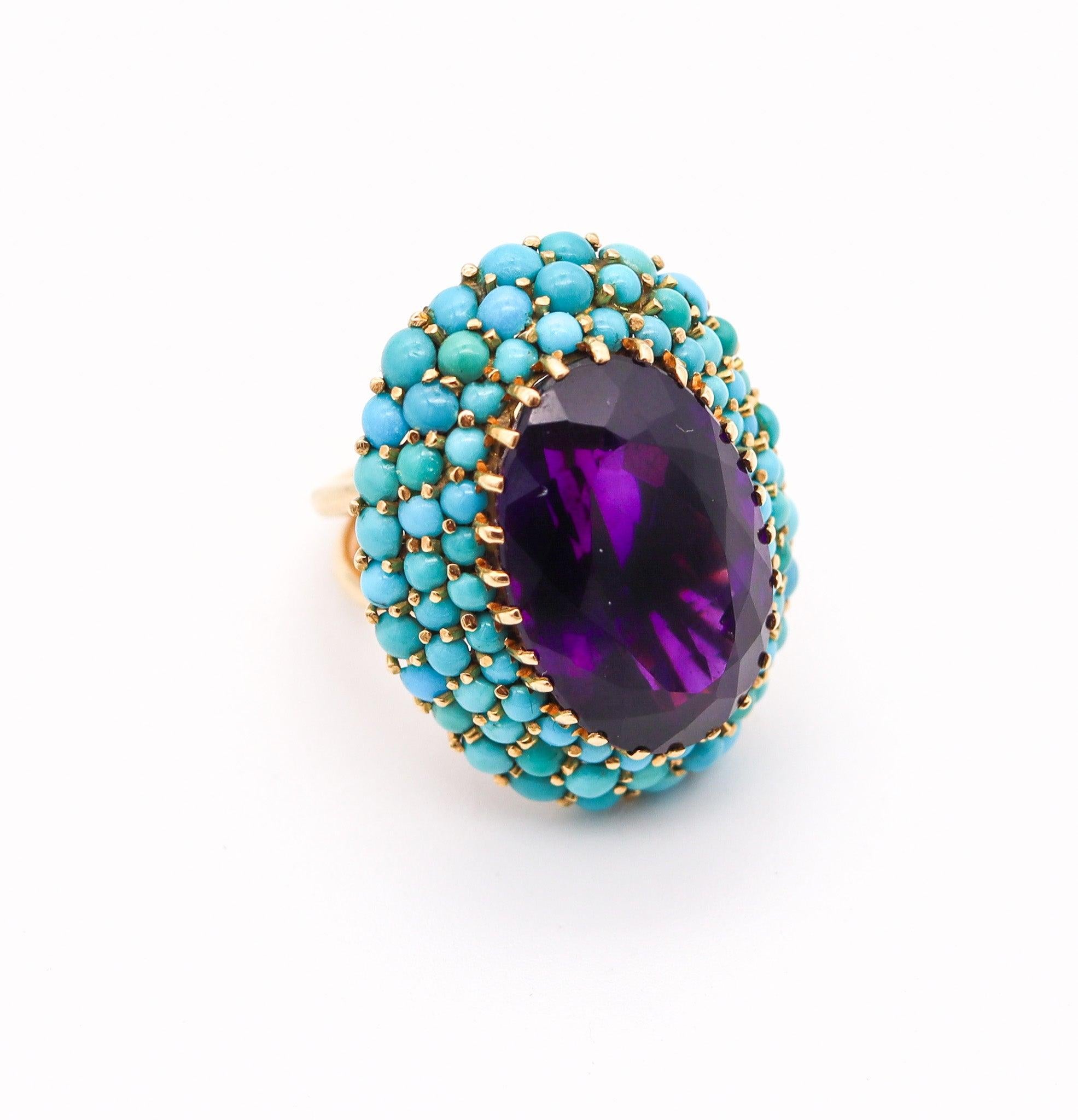 RETRO-MODERNIST 1960 Cocktailring aus 18 Karat Gold mit Amethyst und Türkis, RETRO-MODERNIST Damen im Angebot