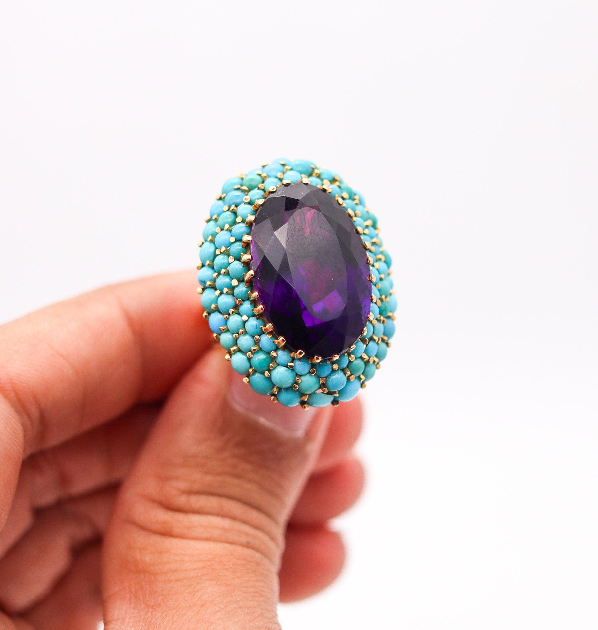 RETRO-MODERNIST 1960 Cocktailring aus 18 Karat Gold mit Amethyst und Türkis, RETRO-MODERNIST im Angebot 1
