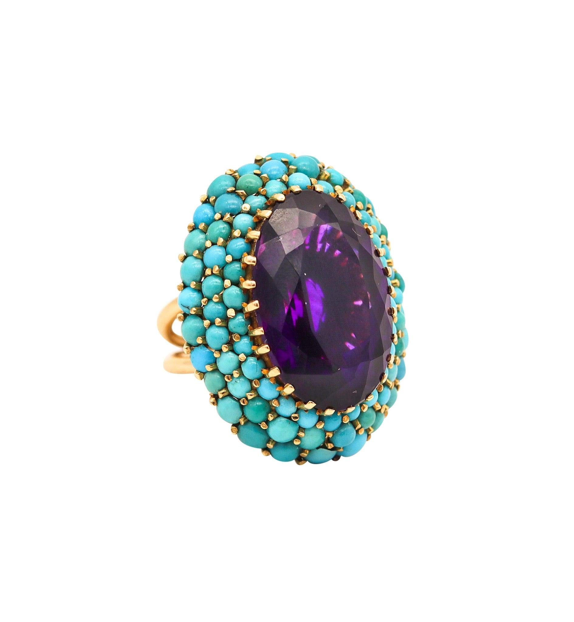 RETRO-MODERNIST 1960 Cocktailring aus 18 Karat Gold mit Amethyst und Türkis, RETRO-MODERNIST im Angebot 2