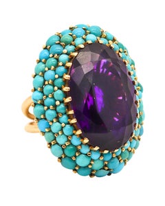 RETRO-MODERNIST 1960 Bague cocktail en or 18 carats avec améthyste et turquoises