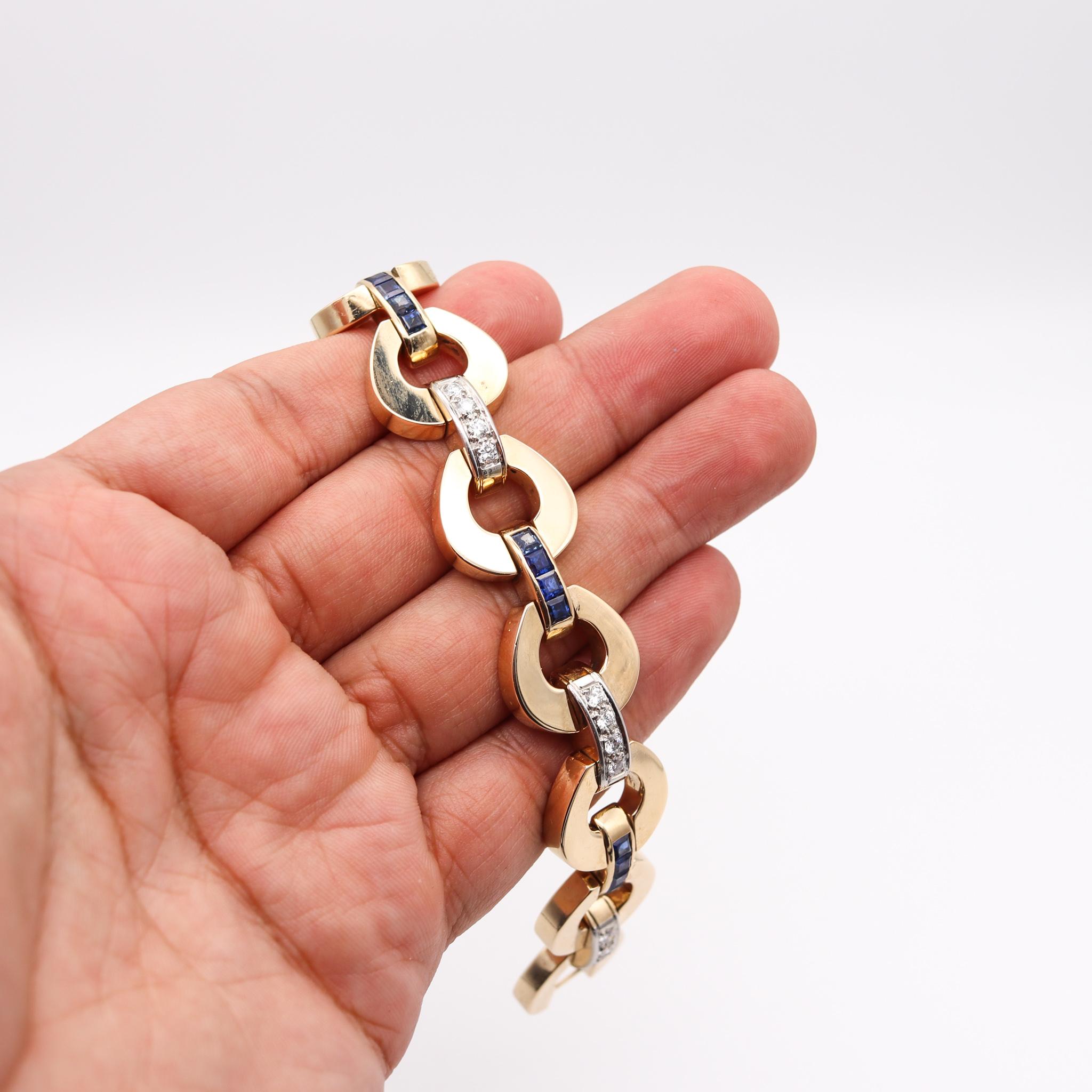 Women's Retro Modernist Bracelet in 14Kt Yellow Gold with 6.56 Ctw Diamonds & Sapphires For Sale