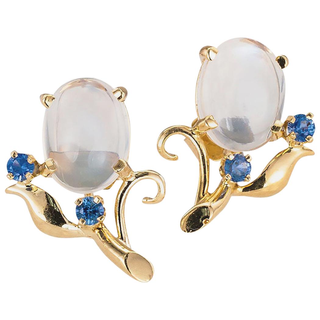Retro Moonstone Blue Sapphire Yellow Gold Button Earrings