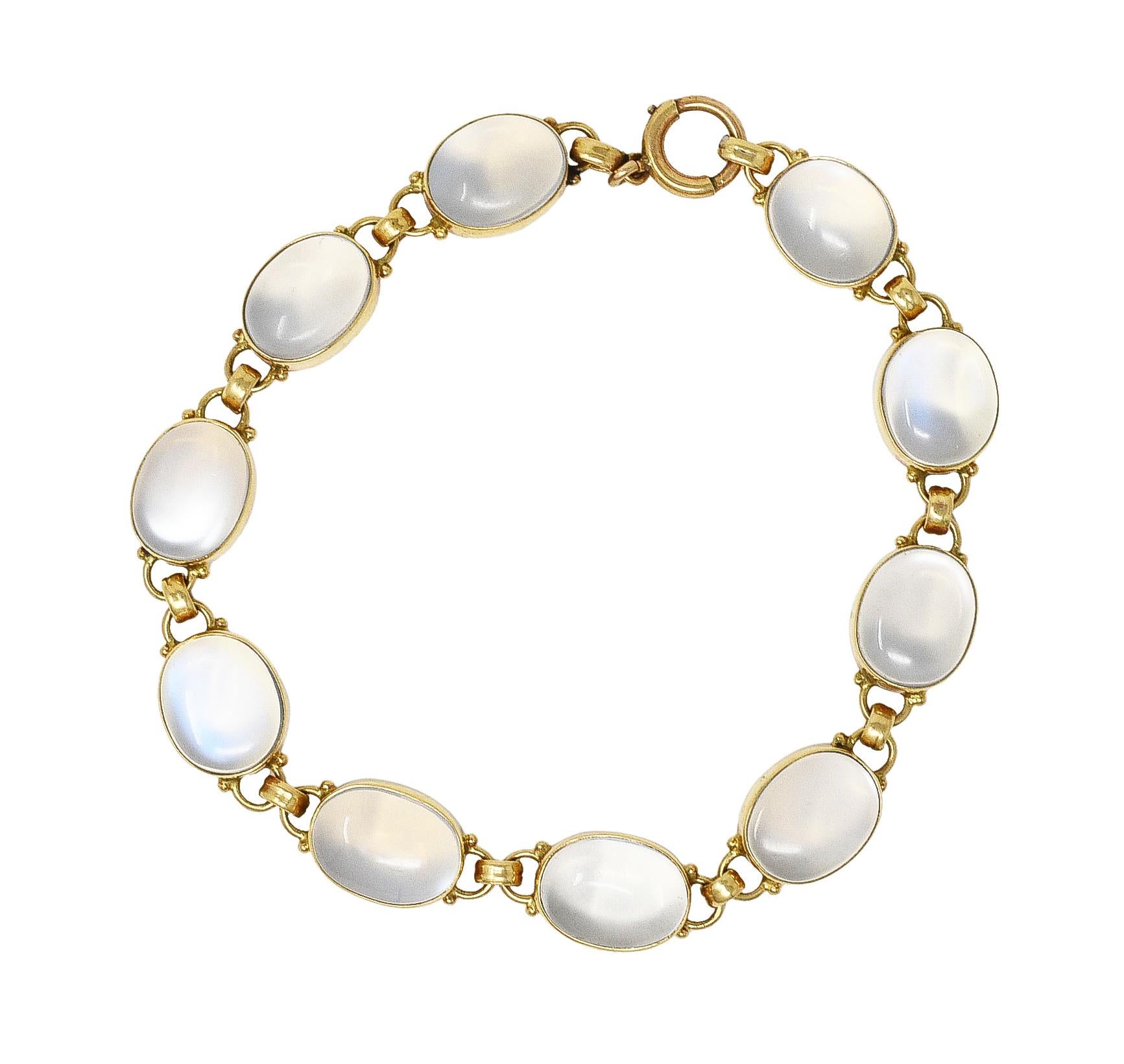 Designed as a link bracelet featuring ten oval shaped moonstone cabochons. Translucent colorless body with blue and white adularescence. Measuring 8.0 x 10.0 mm - set in bezel links with gold beading. Connected by grooved oval links. Completed by