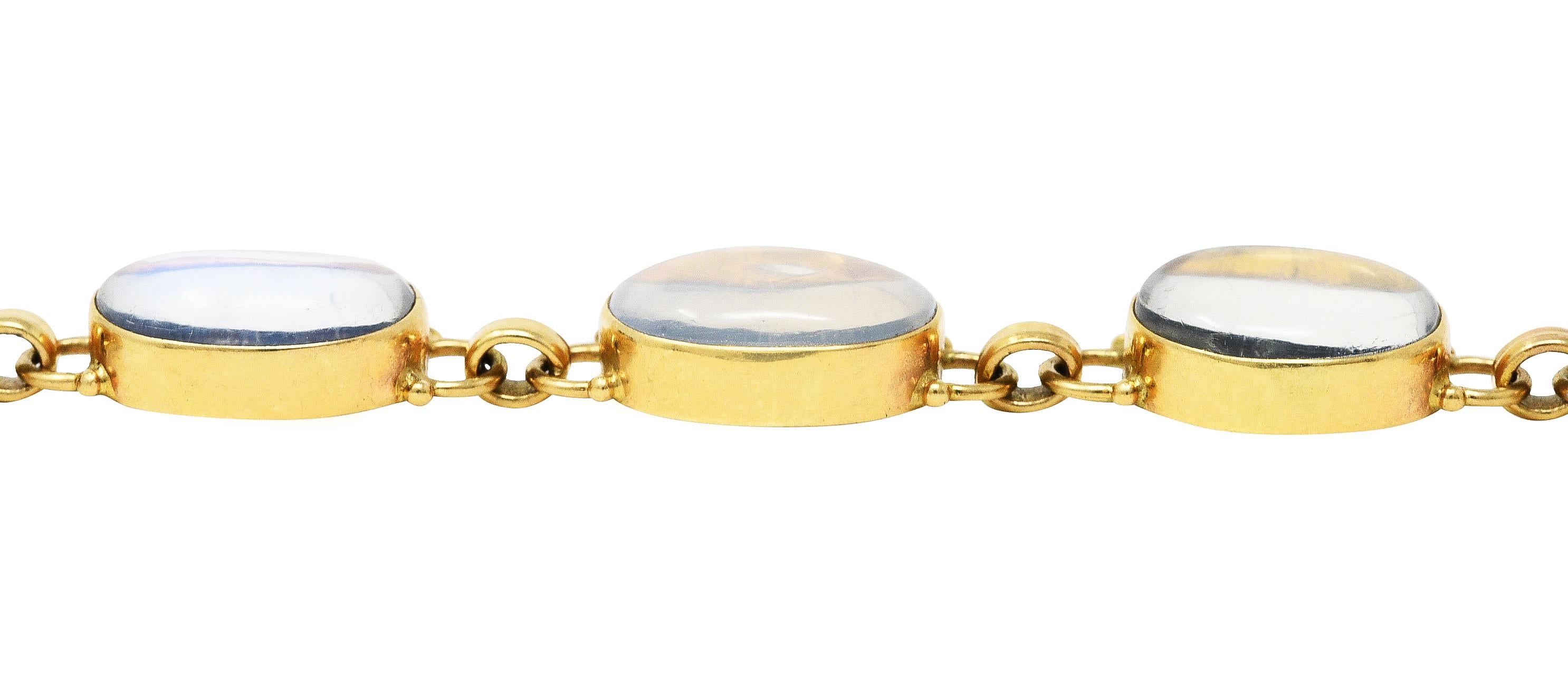 Bracelet à maillons vintage rétro en or jaune 14 carats avec cabochon de pierre de lune en vente 1