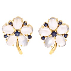 Retro Mondstein Cabochon Saphir 14 Karat Gelbgold Blumen-Ohrstecker