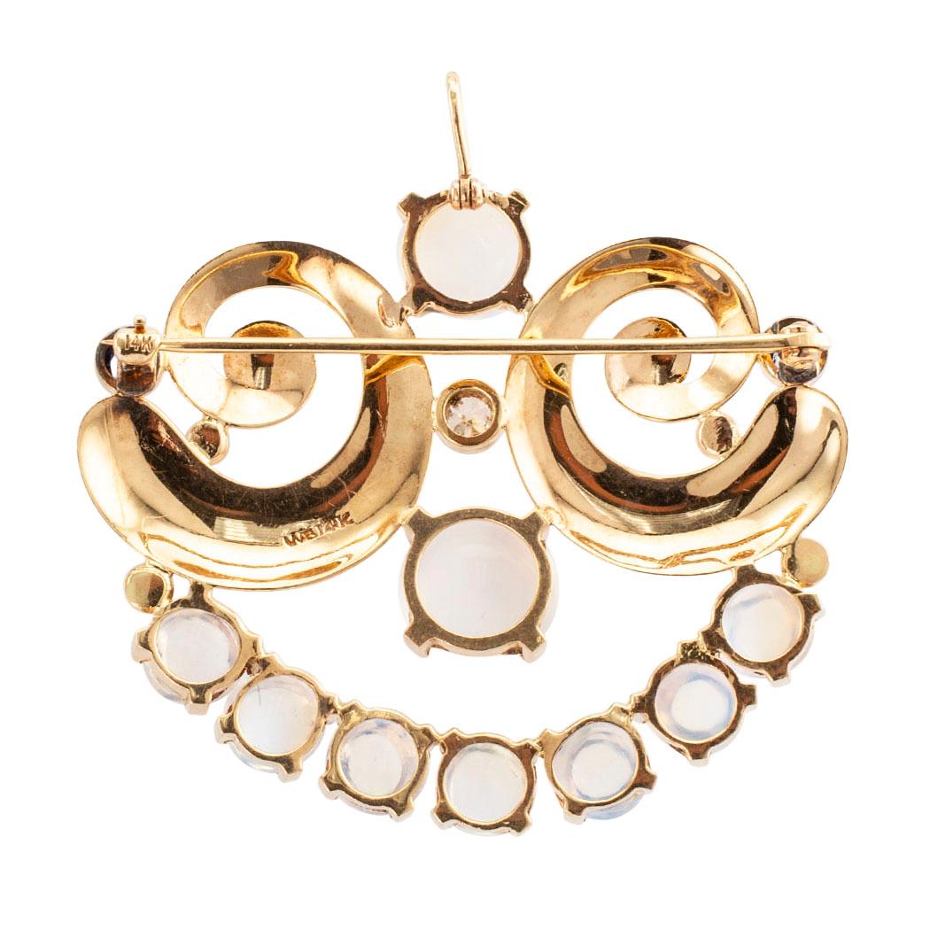 Women's Retro Moonstone Diamond Sapphire Gold Brooch Pendant