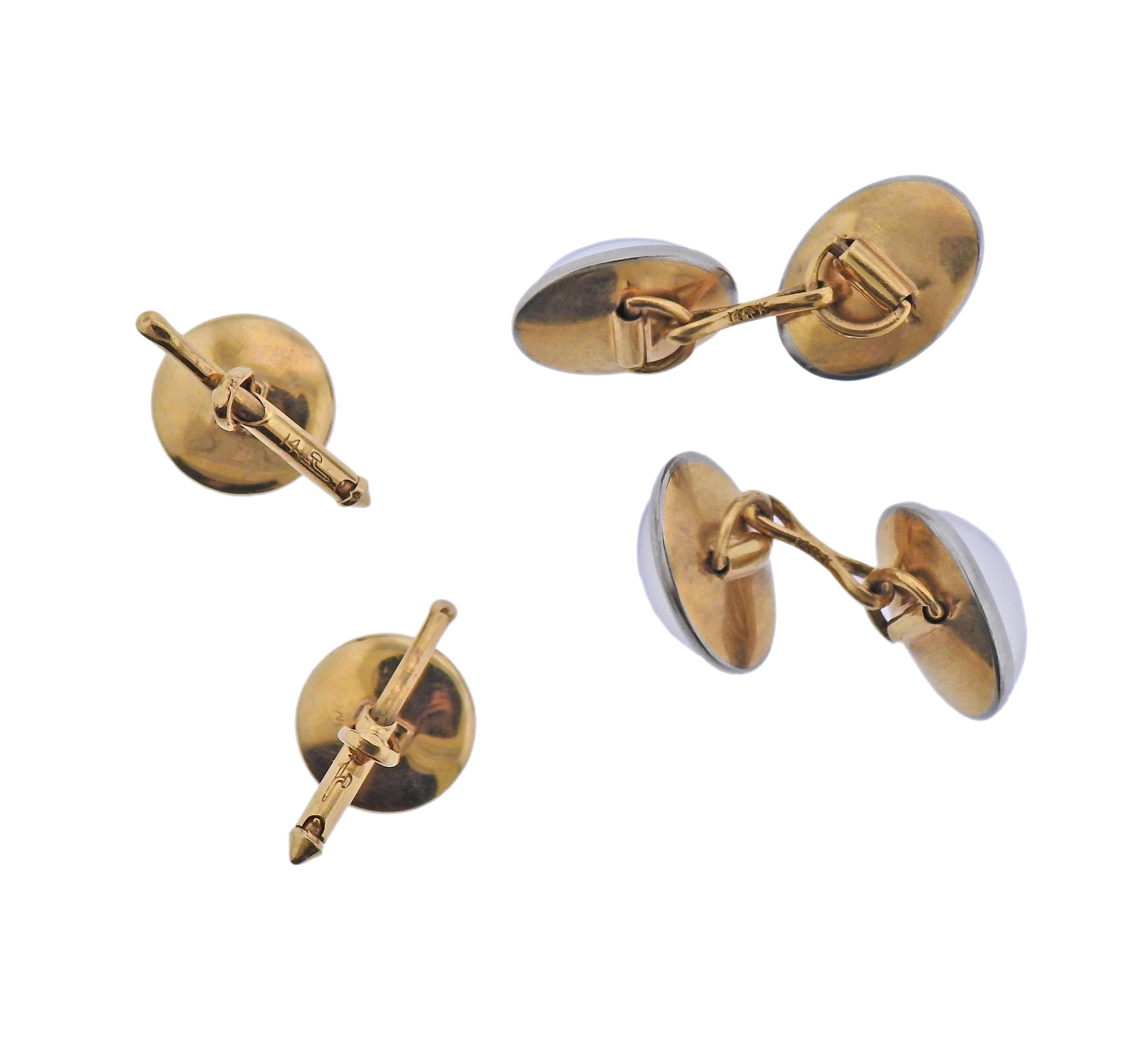 retro 14k gold cufflinks and studs set, with moonstone cabochons. Cufflink top is 15.5mm x 11.5mm and stud top is 12mm in diameter. Marked 14k. Weight - 15 grams. 