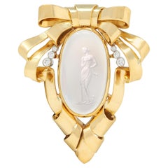 Retro Moonstone Intaglio Diamond Platinum 18K Yellow Gold Vintage Ribbon Brooch