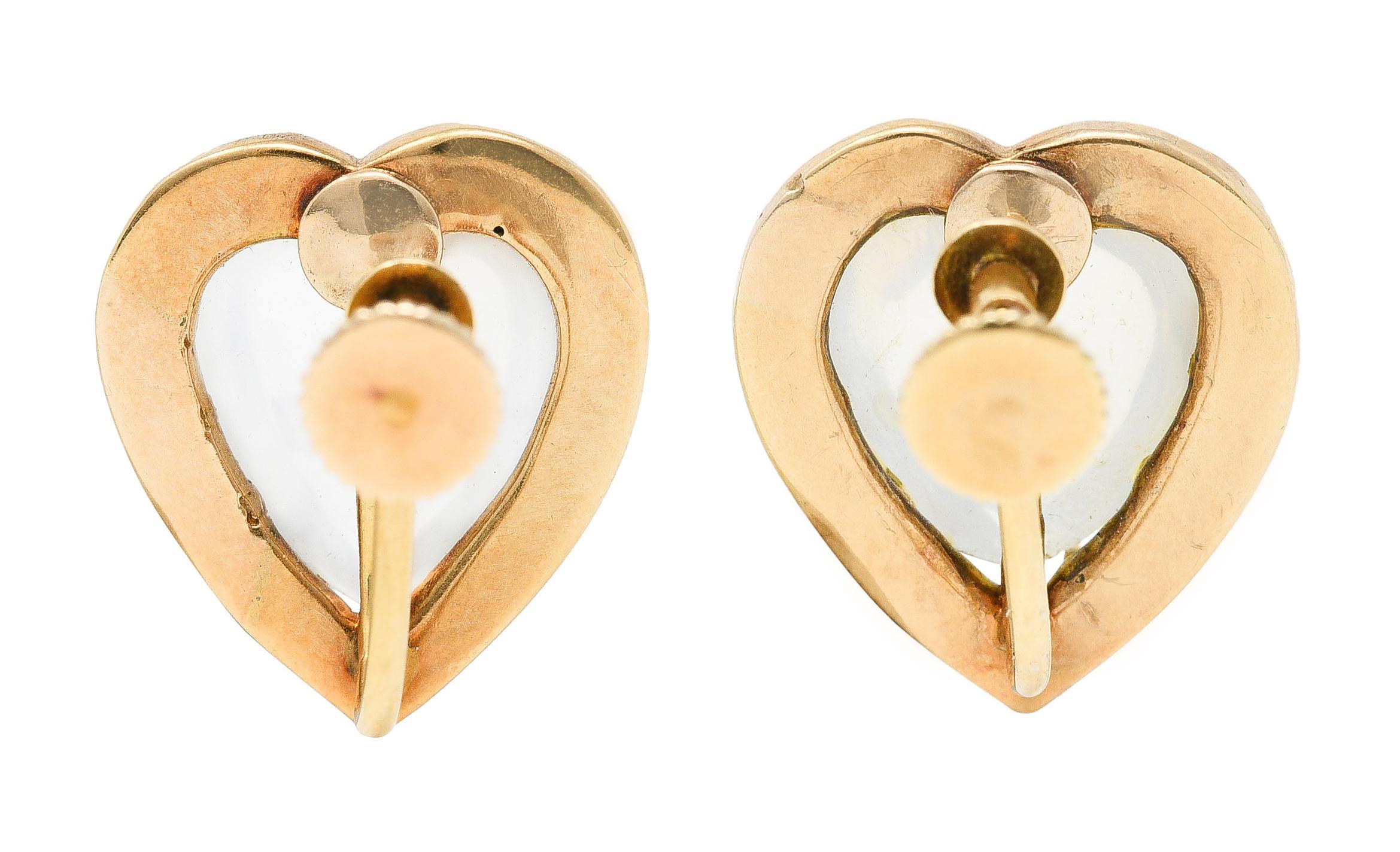 Heart Cut Retro Moonstone Pearl 14 Karat Gold Heart Screwback Earrings