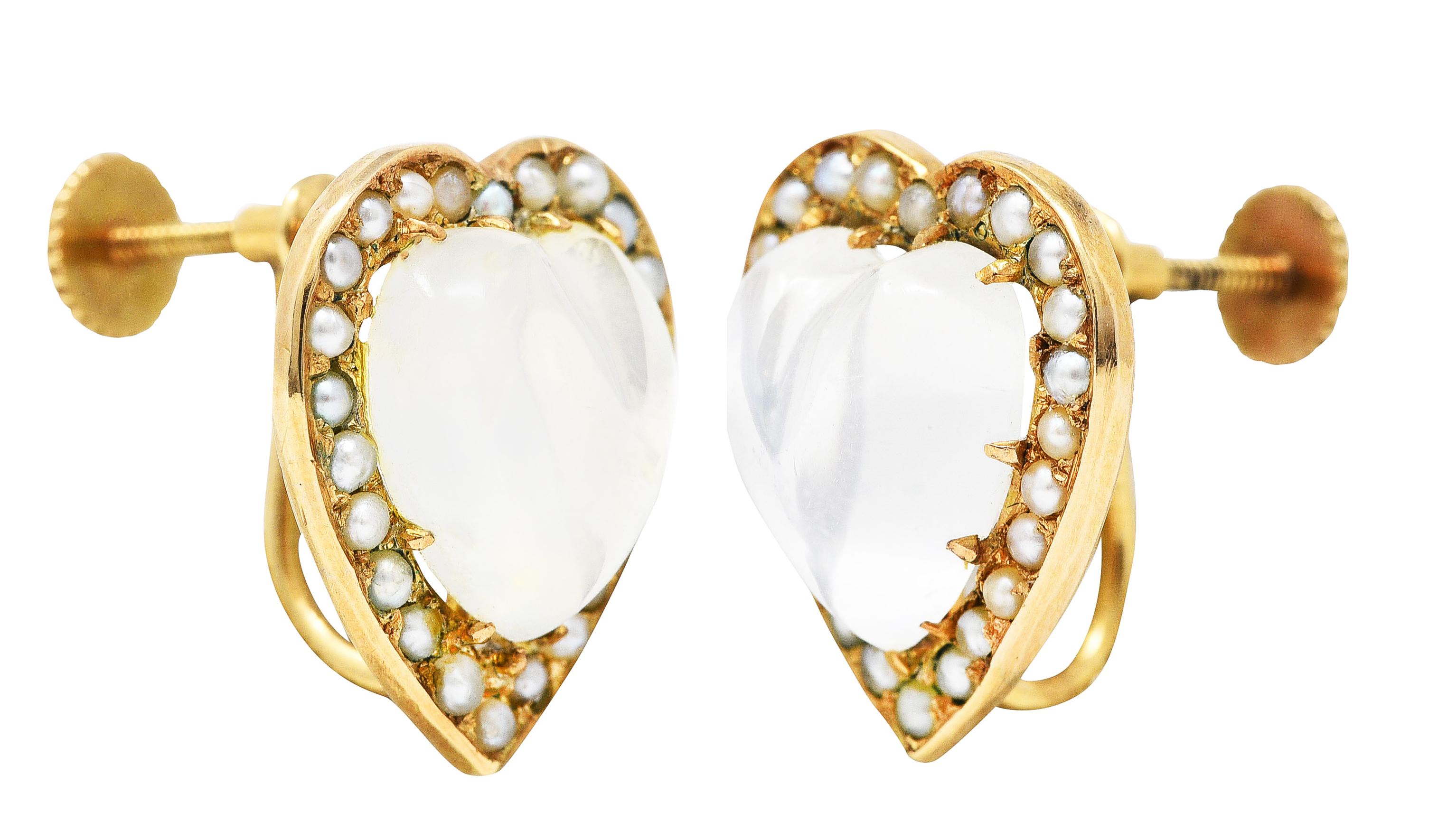 Women's or Men's Retro Moonstone Pearl 14 Karat Gold Heart Screwback Earrings