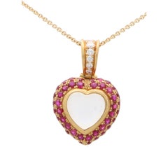 Vintage Moonstone, Ruby and Diamond Heart Pendant in 18k Yellow Gold