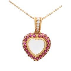 Retro Moonstone, Ruby and Diamond Heart Pendant in 18k Yellow Gold