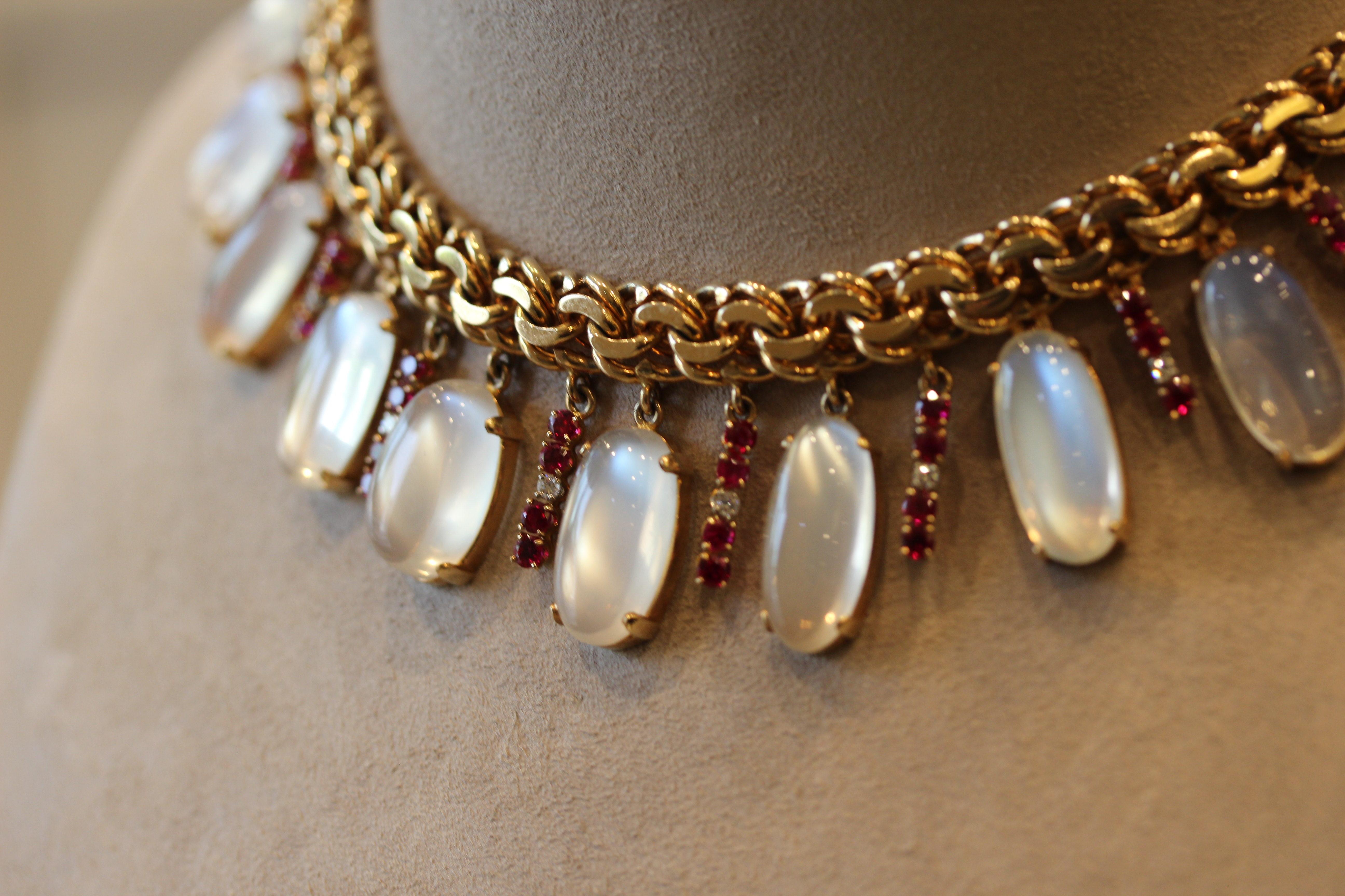 Mixed Cut Retro Moonstone Ruby Diamond Gold Choker Necklace For Sale