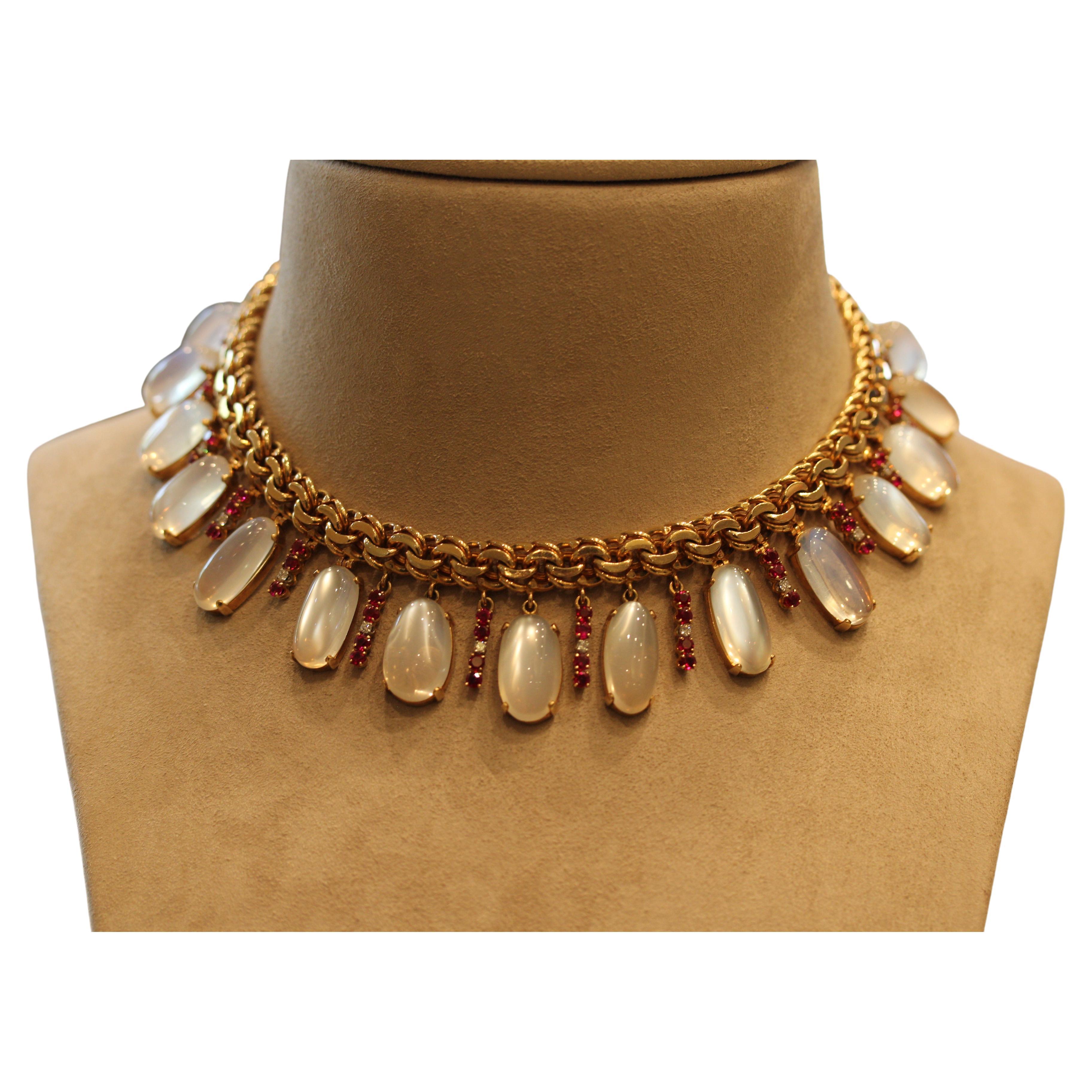 Retro Moonstone Ruby Diamond Gold Choker Necklace For Sale