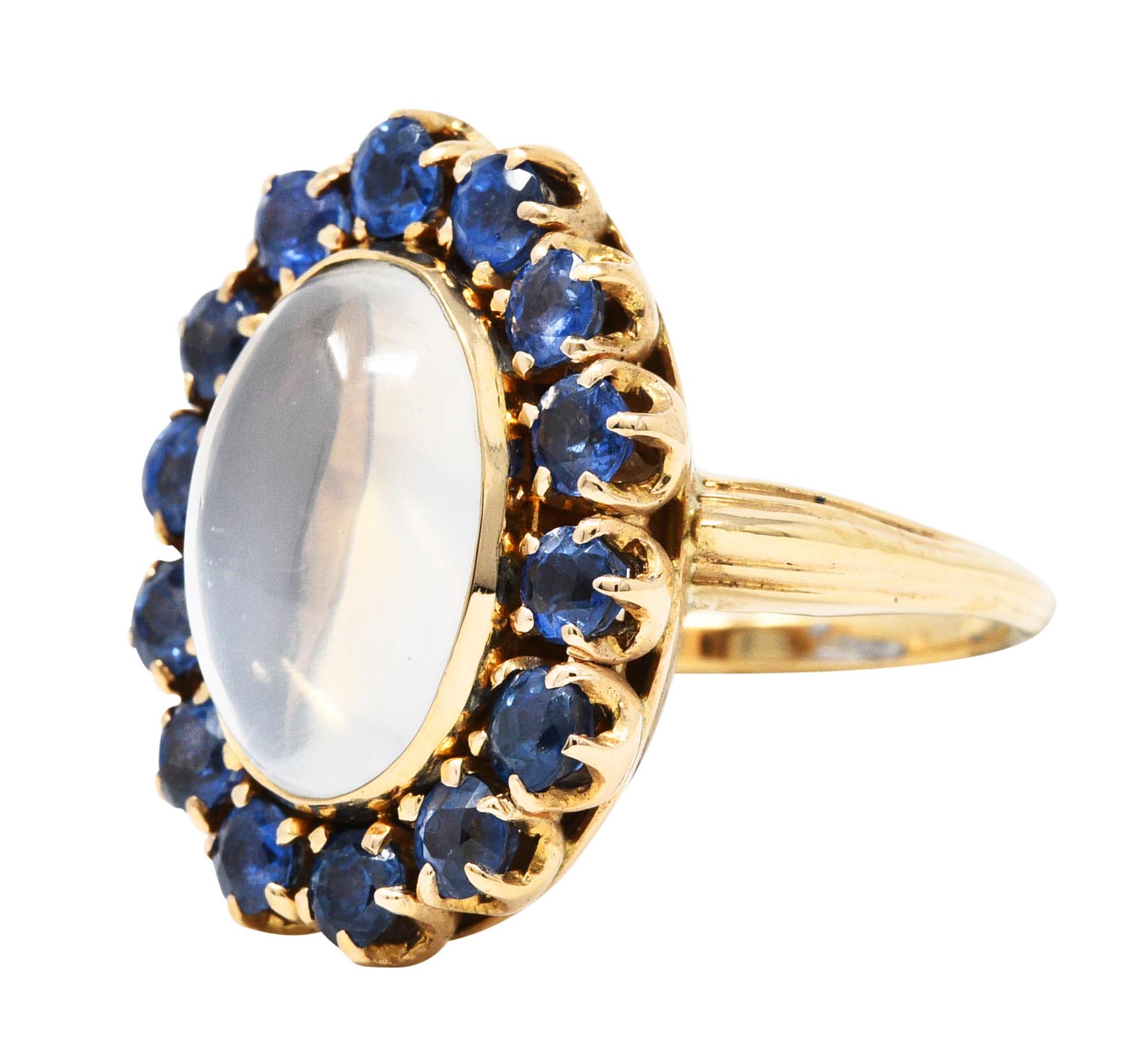 Retro Moonstone Sapphire 14 Karat Gold Cluster Ring In Excellent Condition In Philadelphia, PA