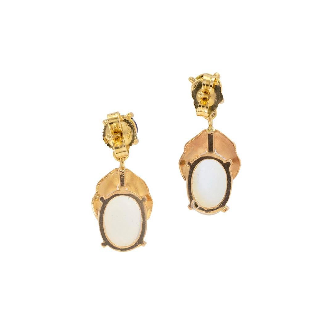 Retro Moonstone Sapphire Rose Gold Drop Earrings In Good Condition In Los Angeles, CA