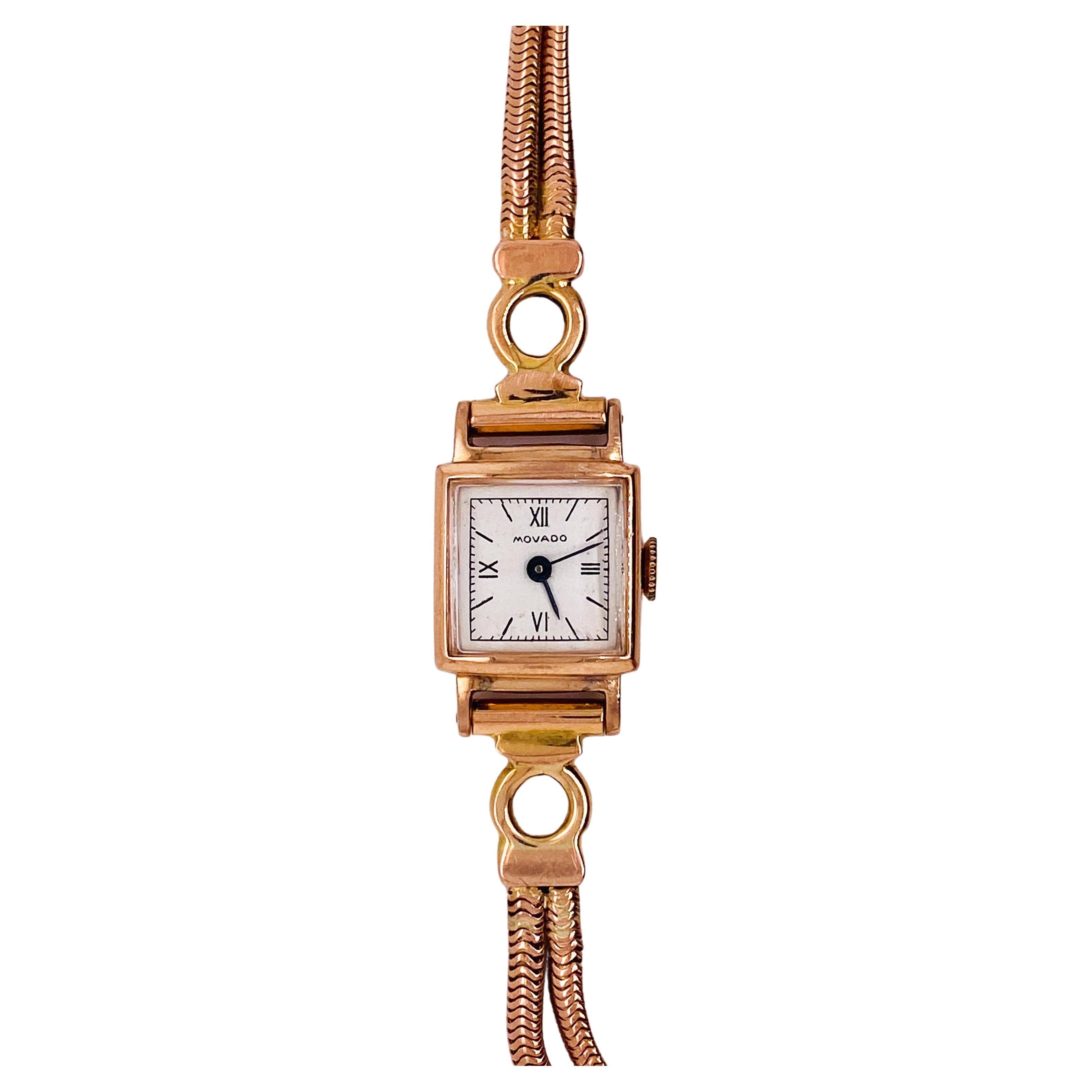 Retro Movado Watch in 14k Rose Gold circa 1954 Newly Serviced For Sale
