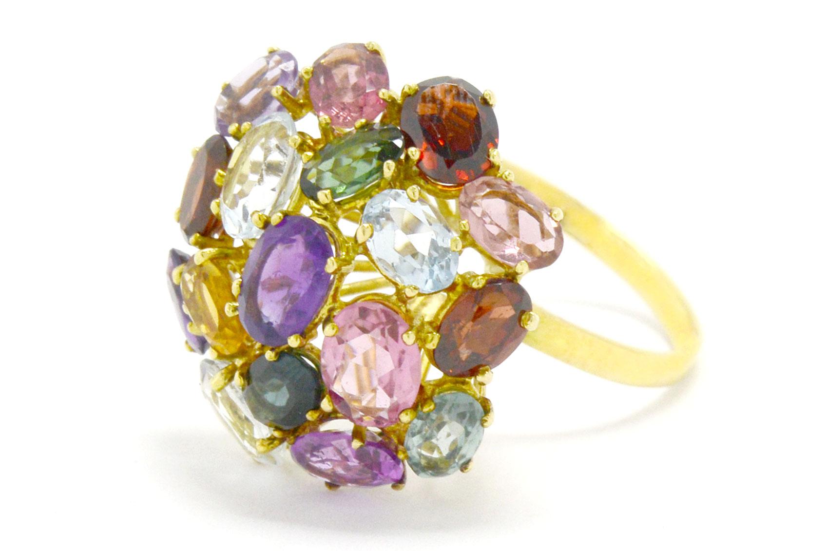 Retro Retro Mehrfarbiger Edelstein Kuppel-Cocktailring mit Frutti Regenbogen Cluster Damen