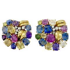 Vintage Multi-Color Sapphire and Diamond Yellow Gold Dress Clips