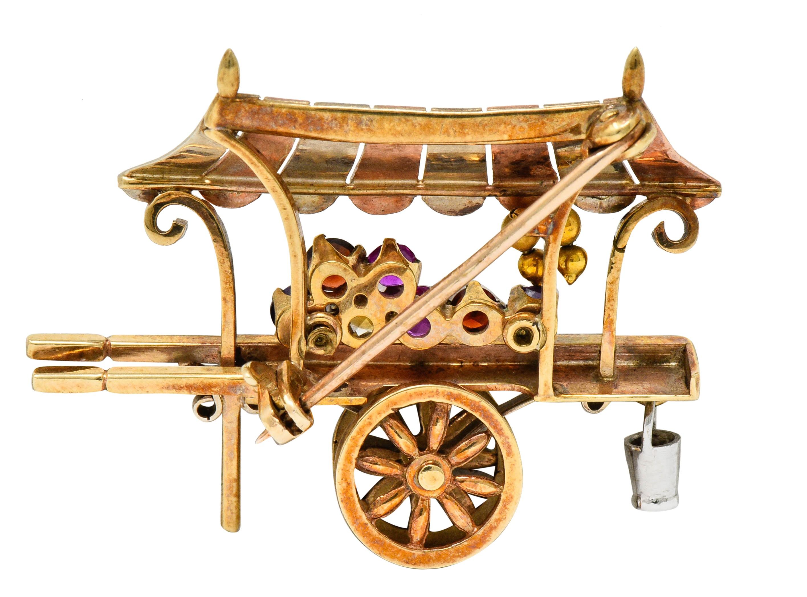 Round Cut Retro Multi-Gem 9 Karat Tri-Colored Gold Flower Cart Brooch