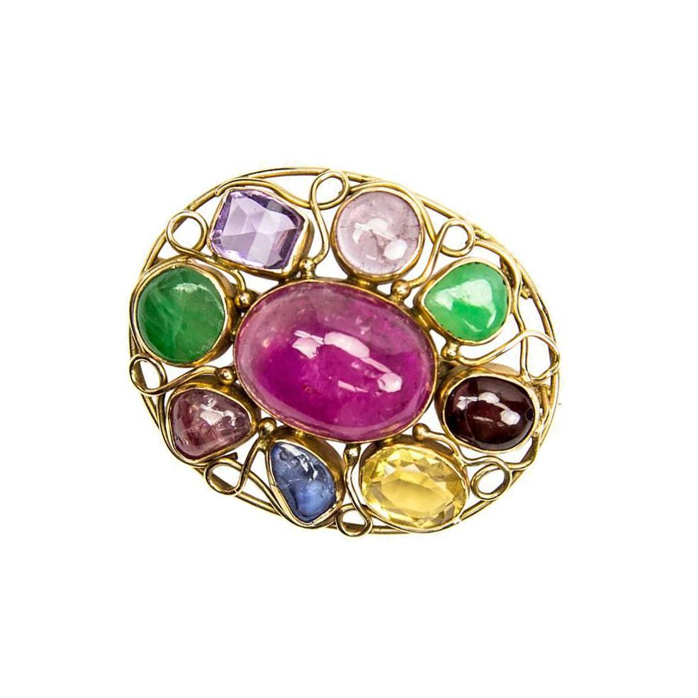 Women's Retro Multi-Stone Oval Gold Brooch Pin