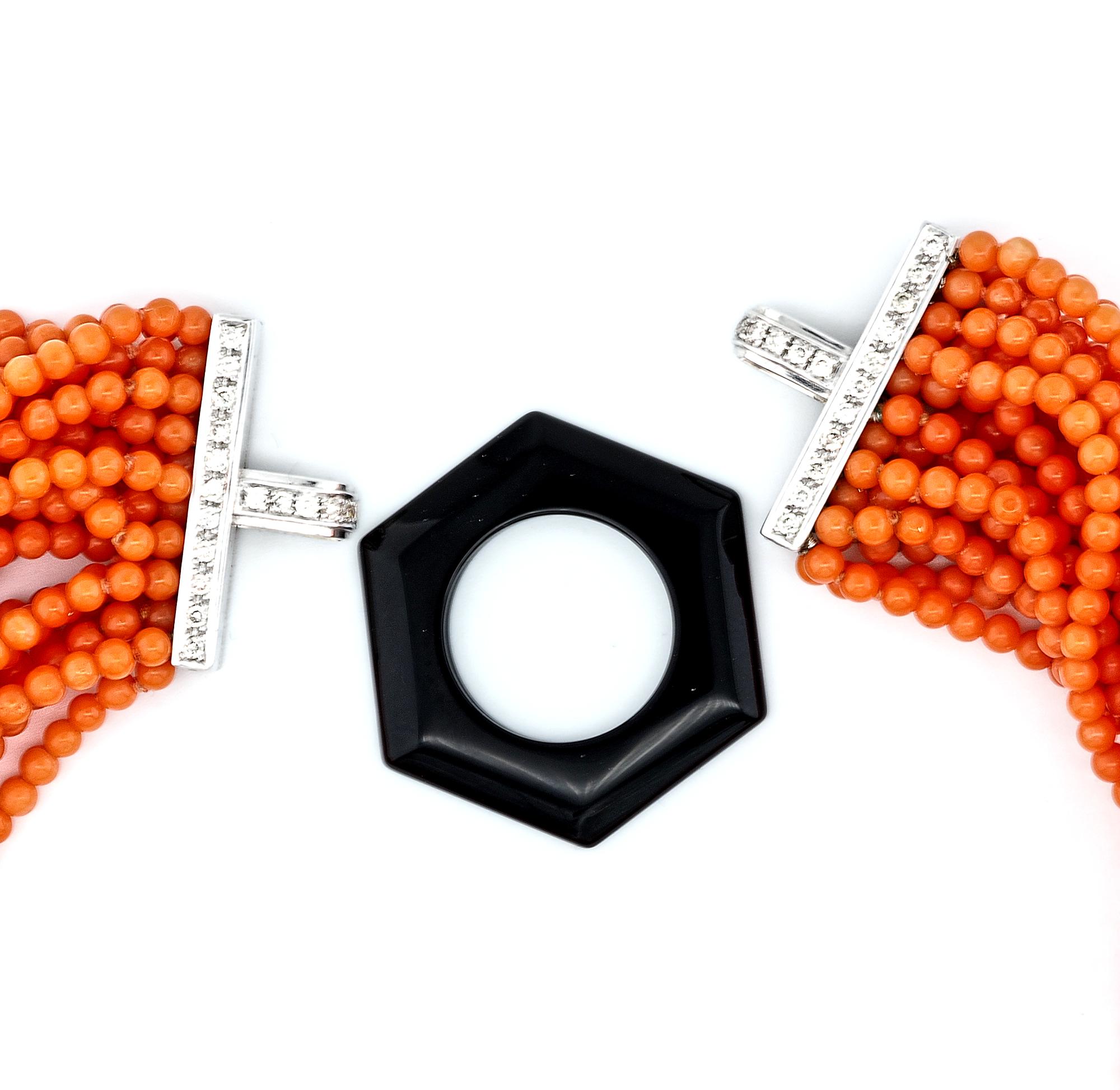 Retro Multi strand Coral Black Onyx Diamond Torsade Necklace For Sale 5