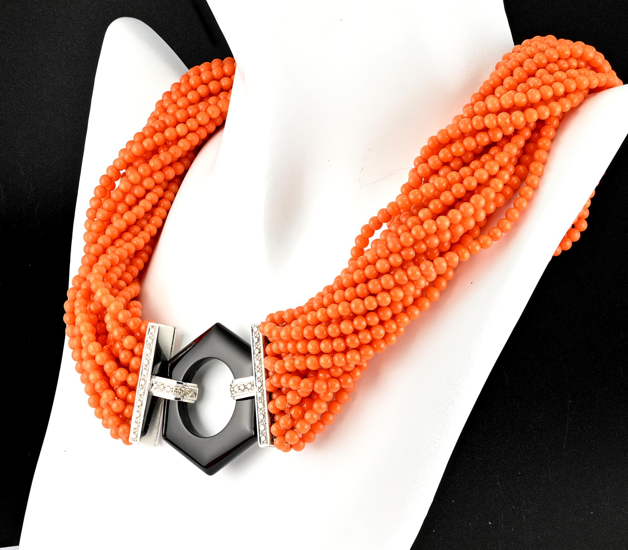 Women's Retro Multi strand Coral Black Onyx Diamond Torsade Necklace For Sale