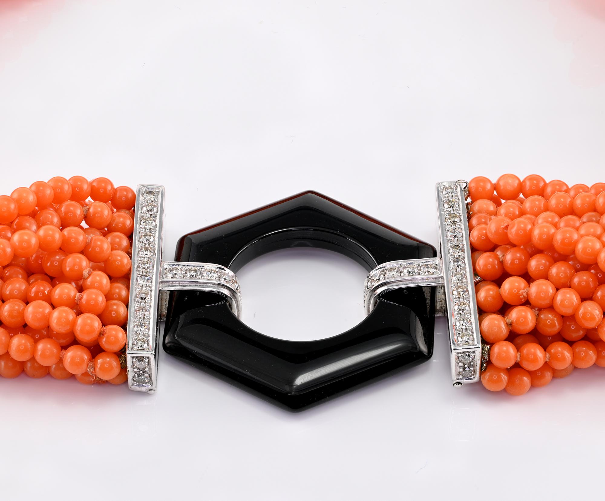 Retro Multi strand Coral Black Onyx Diamond Torsade Necklace For Sale 1