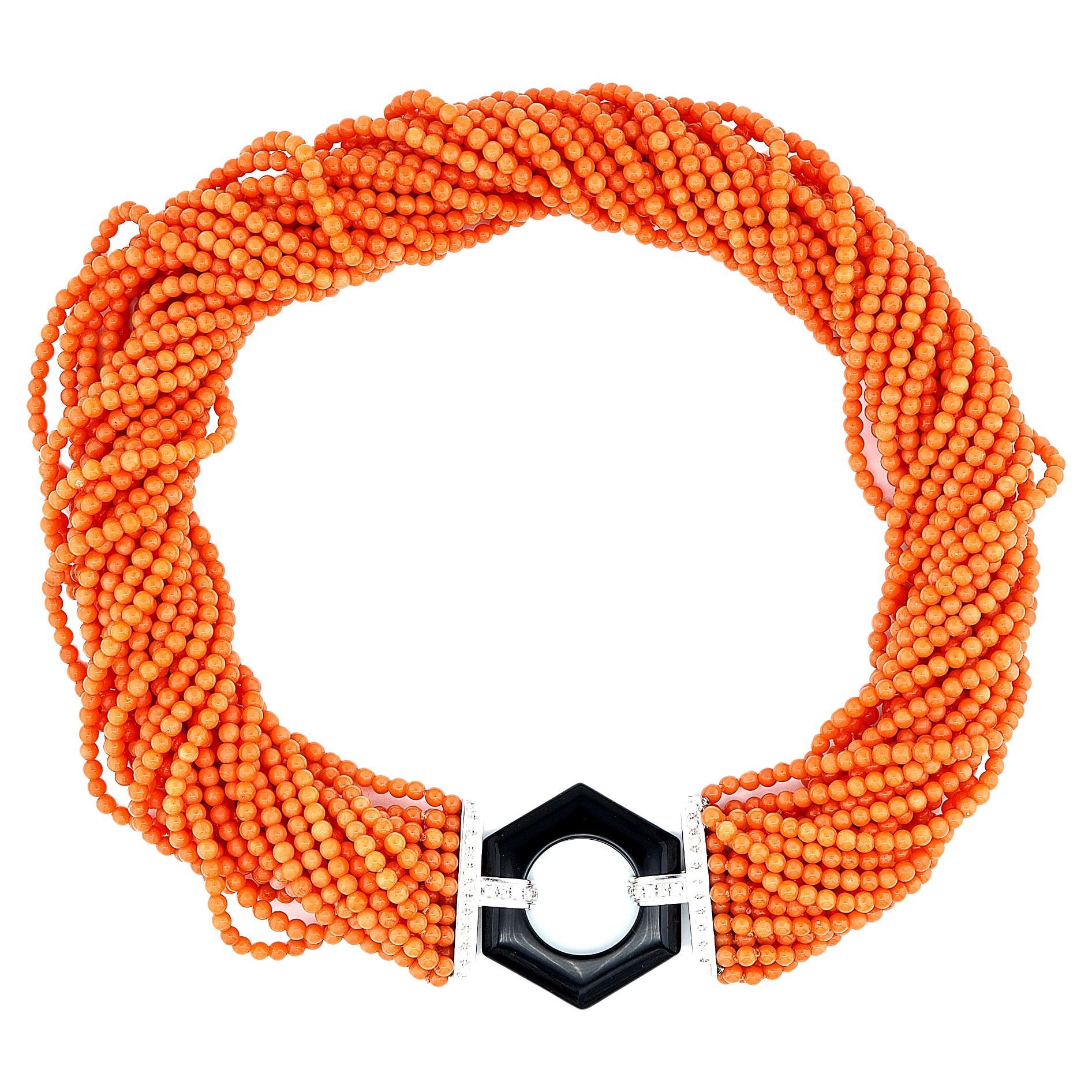 Retro Multi strand Coral Black Onyx Diamond Torsade Necklace For Sale