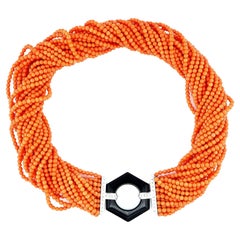 Vintage Multi strand Coral Black Onyx Diamond Torsade Necklace