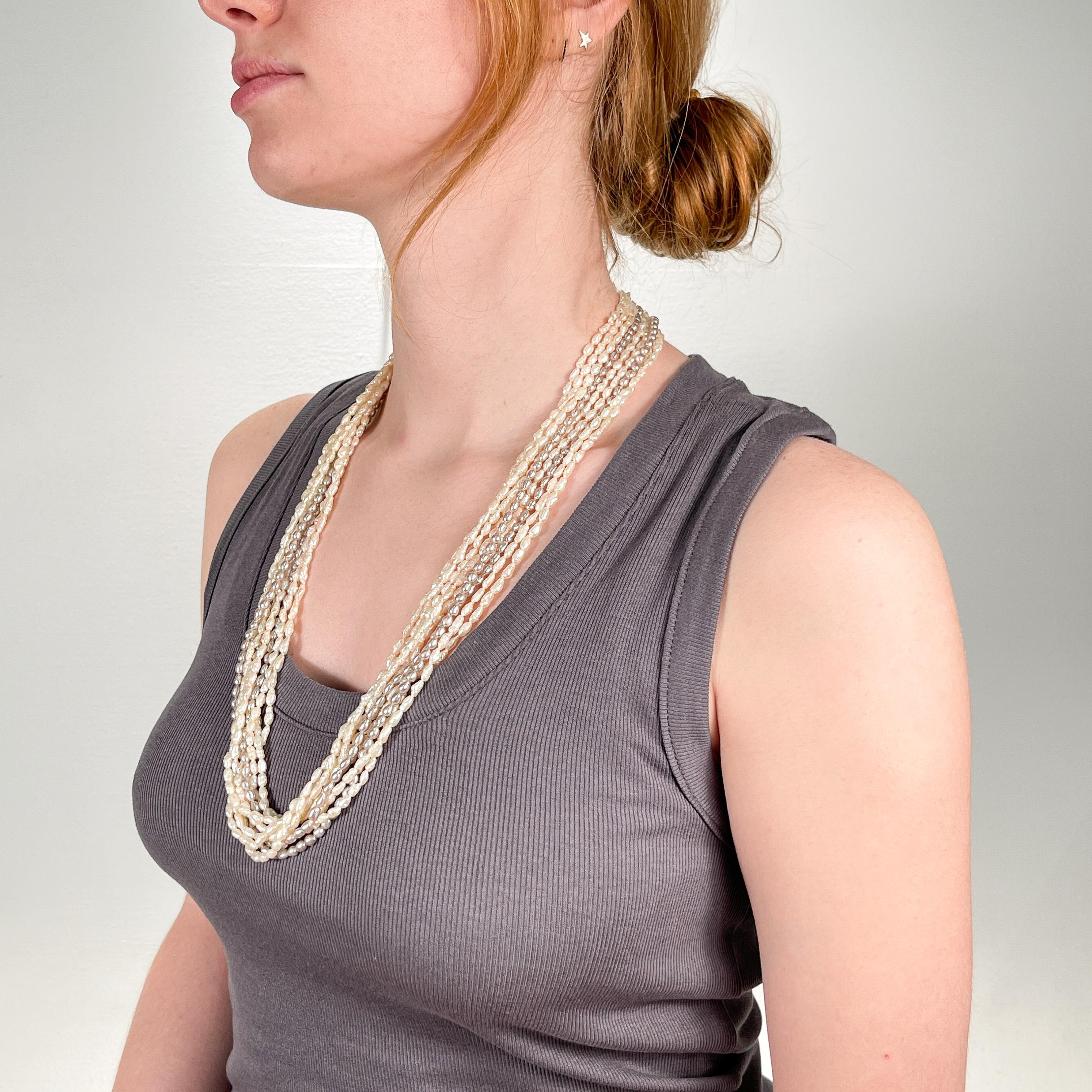 Retro Multi-Strand Freshwater Pearl Necklace with a Brutalist 14k Gold Clasp 1