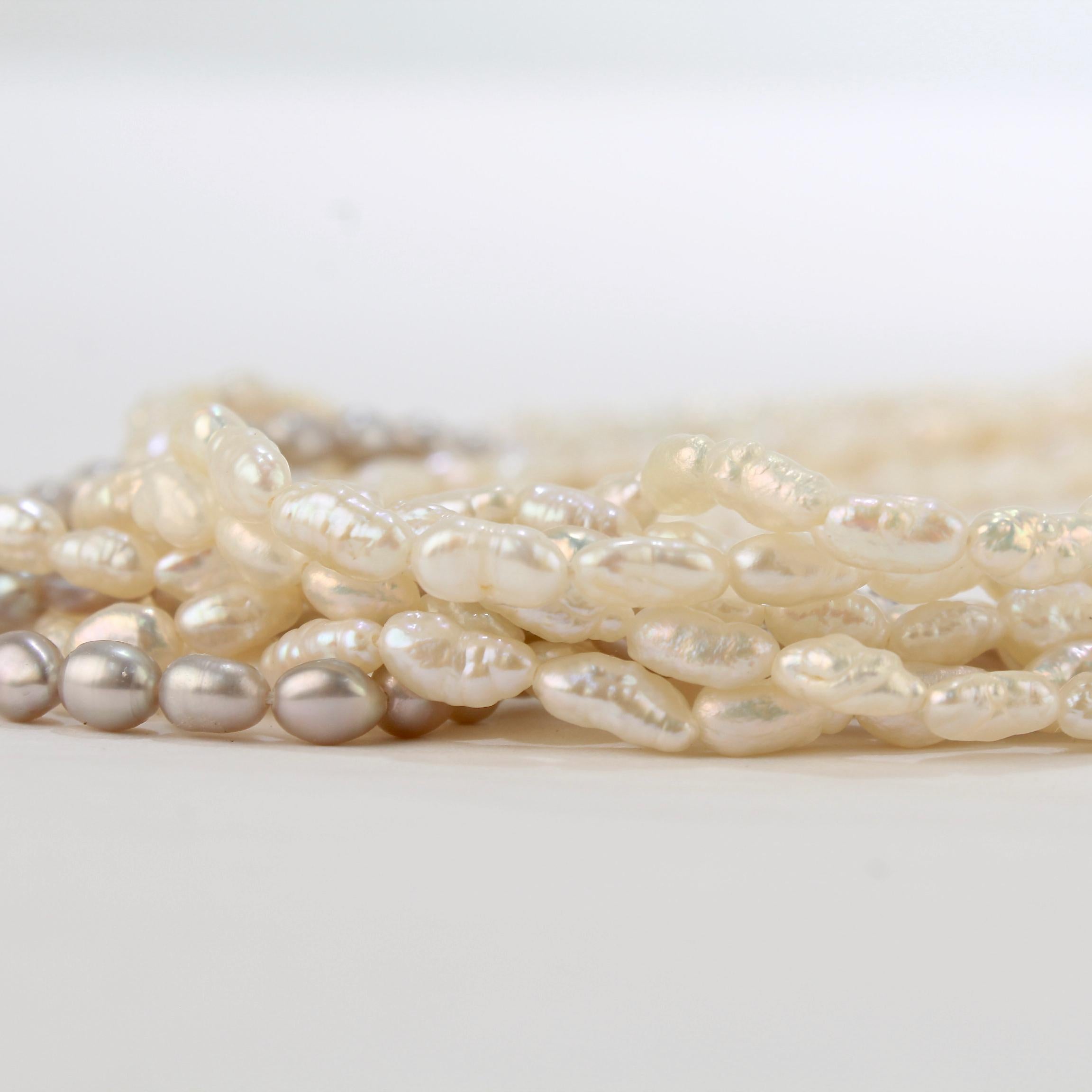 Modernist Retro Multi-Strand Freshwater Pearl Necklace with a Brutalist 14k Gold Clasp