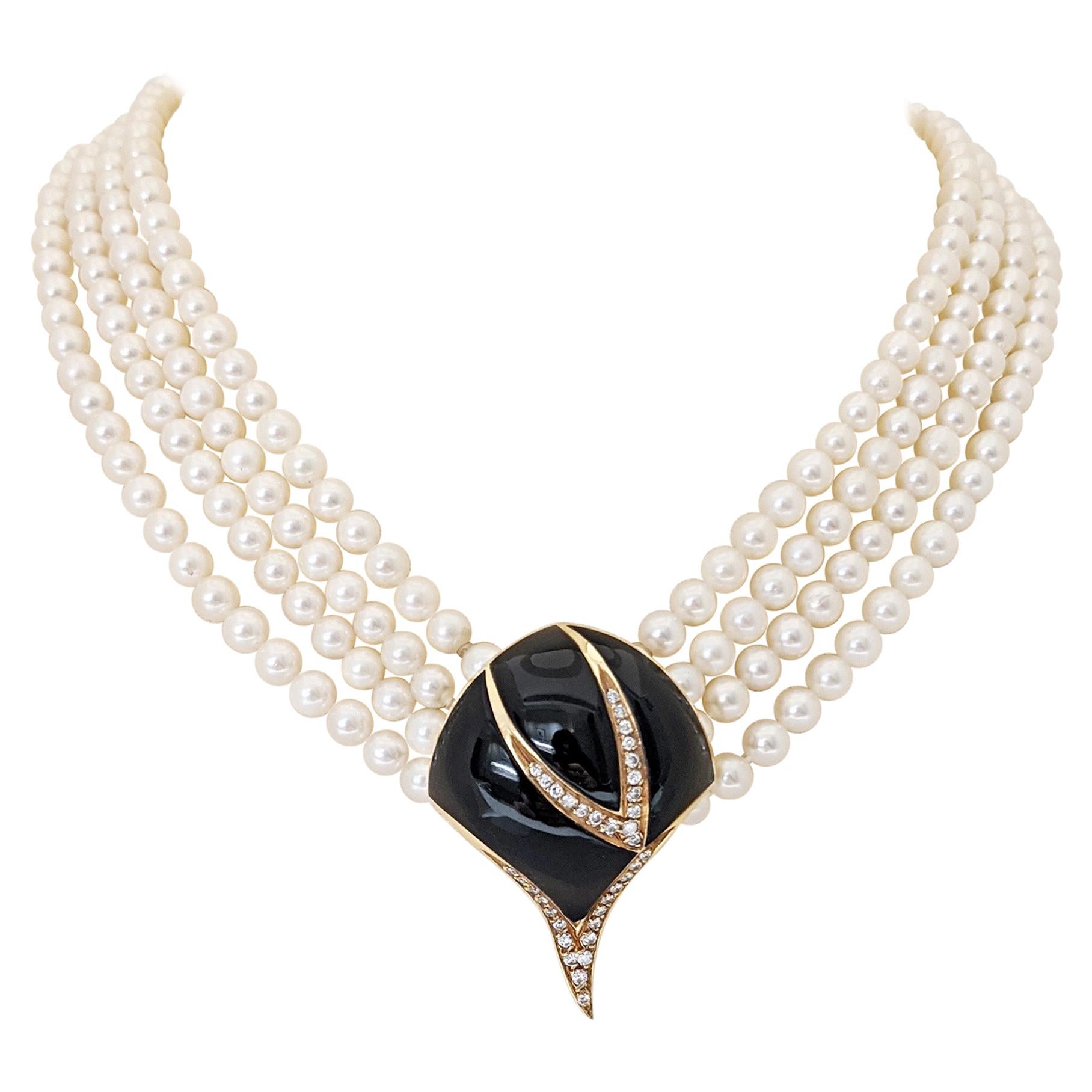 Retro Multi Strand Pearl Necklace with Black Onyx and .38 Carat Diamond Clasp