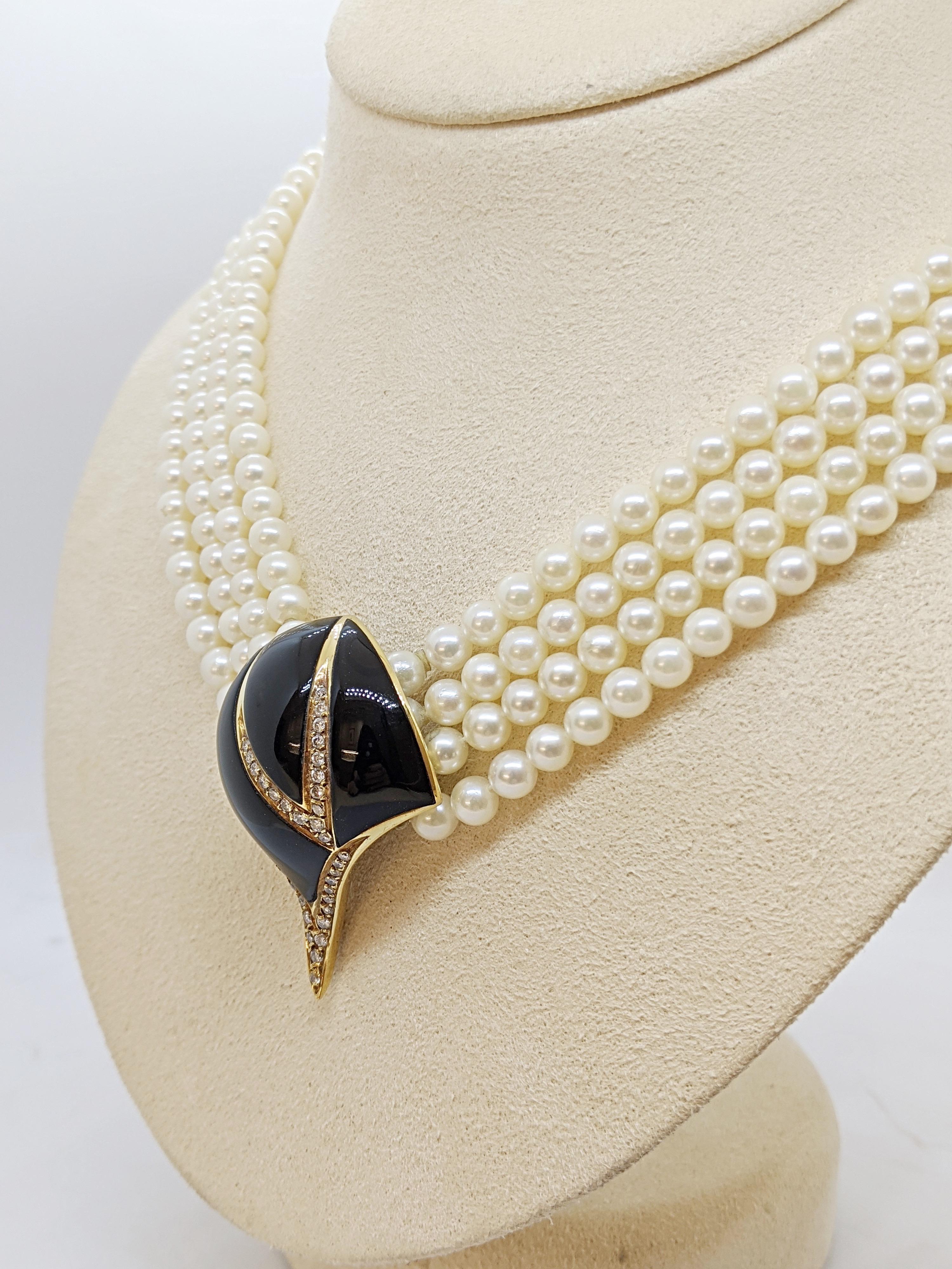 Round Cut Retro Multi Strand Pearl Necklace with Black Onyx and .38 Carat Diamond Clasp