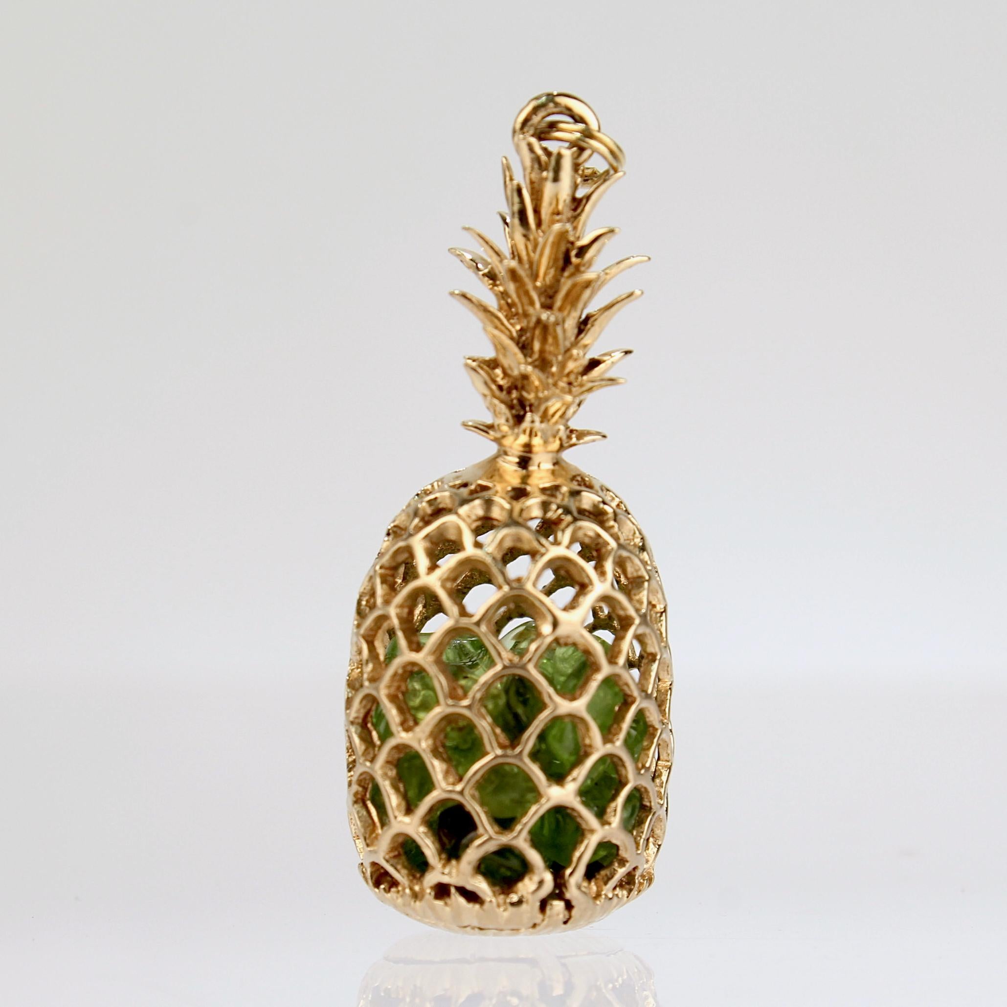 Round Cut Retro Na Hoku / Edward Sultan 14k Gold & Emerald Pineapple Charm or Pendant  For Sale